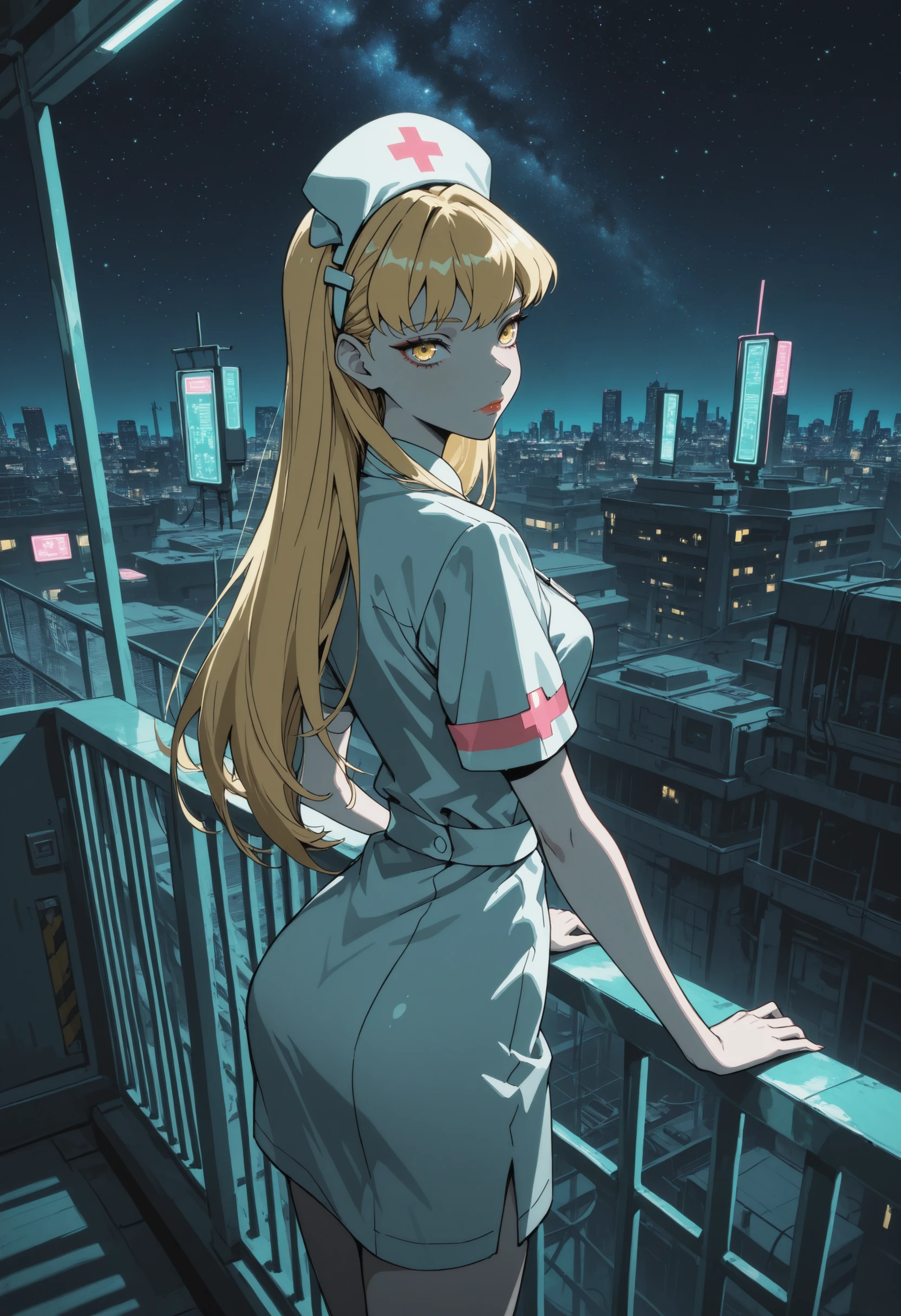 very awa, masterpiece, best quality, absurdres, newest, perfect quality, detailed background, intricate details
<lora:ILWCStell4:1>
WCStell4, 1girl, blonde hair, hairband, yellow eyes, long hair, hospital rooftop, cityscape, cyberpunk, nurse, night, limited palette, night, neon light, dark, against railing, clothed, nurse outfit, general, starry sky, moonlight