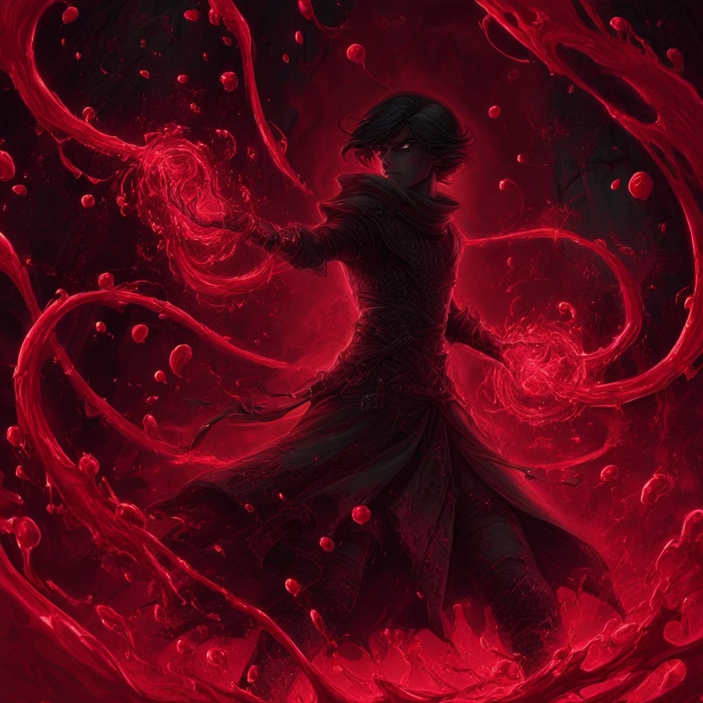 Blomagmb2, blood magic concept, casting blood magic, blood tendrils, liquid blood manipulation, crimson aura,1boy,solo
