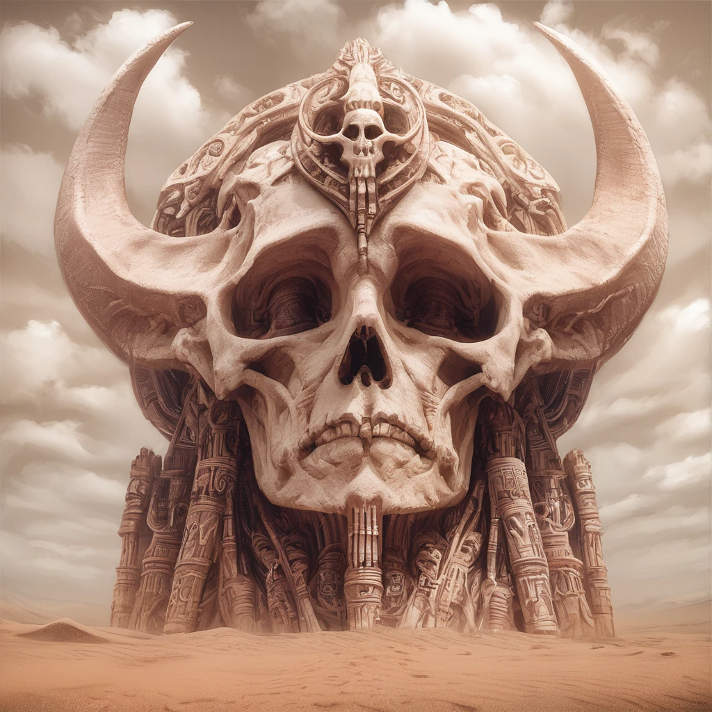 Score_9, score_8_up, score_7_up, score_6_up, <lora:Dystopian_Mythology_FantasyPony:1> Dystopian Mythology Fantasy, The image shows a sculpture of a woman's face with horns on her head in the desert surrounded by sand and a sky with clouds in the background., sepia, no humans, monochrome, realistic, brown theme, solo, skull