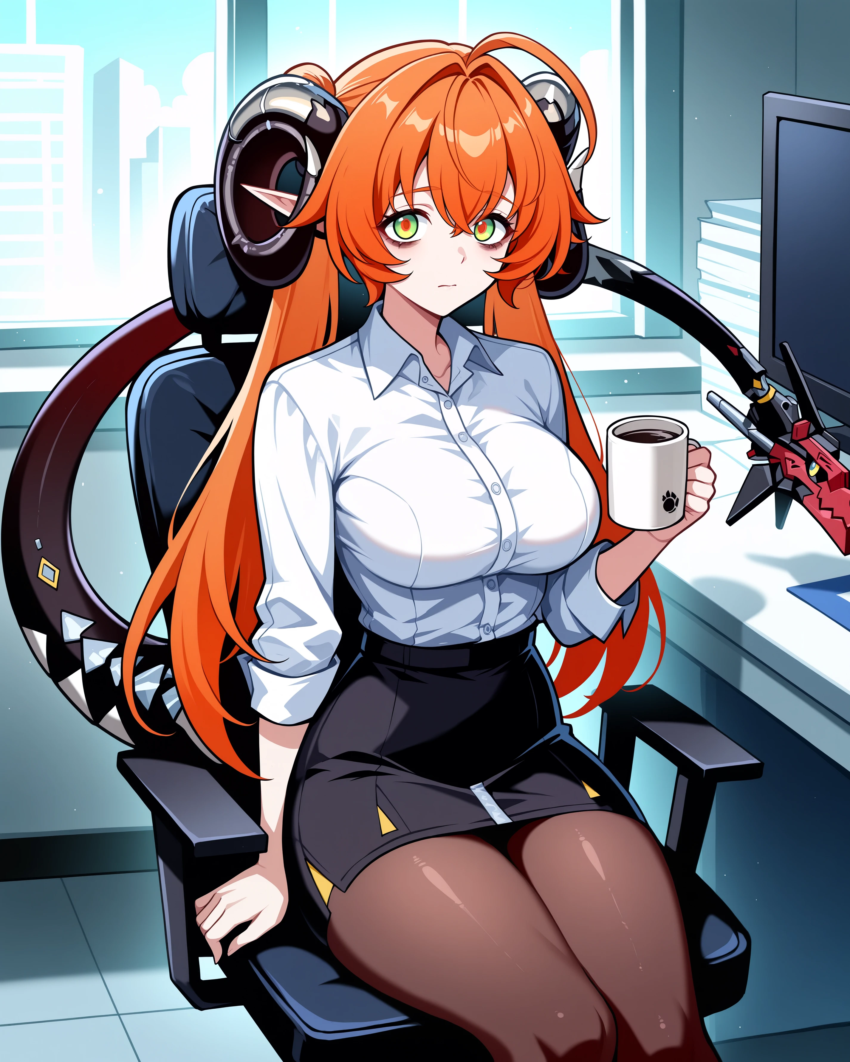 masterpiece, best quality, amazing quality, aesthetic, absurdres, best quality, 4k, upscale, tired eyes, eye bags, dark circles under eyes, messy hair, indoors, office, holding mug, sitting, office chair, orpheuszzz, 1girl, solo, long hair, bangs, orange hair, dragon horns, horns, breasts, pointy ears, (mechanical tail), twintails, hair between eyes, looking at viewer, suit, formal, white shirt, office shirt, office lady, green eyes, multicolored eyes, hair intakes, ahoge, <lora:Orpheus_IL_v3:1>