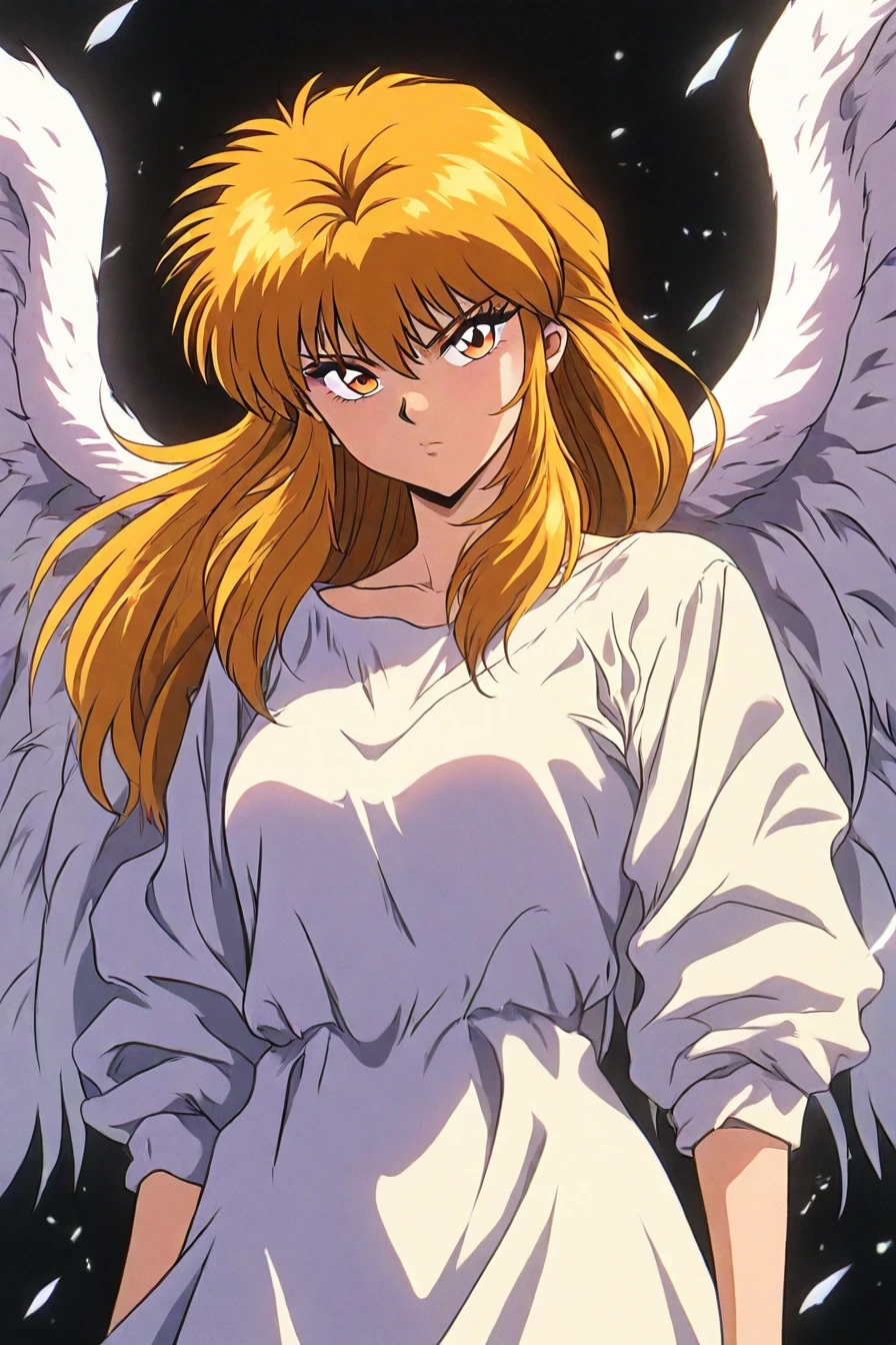 1girl, solo, alone, angel, wings, looking at the viewer, white dress,   <lora:yu_yu_hakusho_style_illustriousXL-000015:1>, yu_yu_hakusho_style, masterpiece, highres