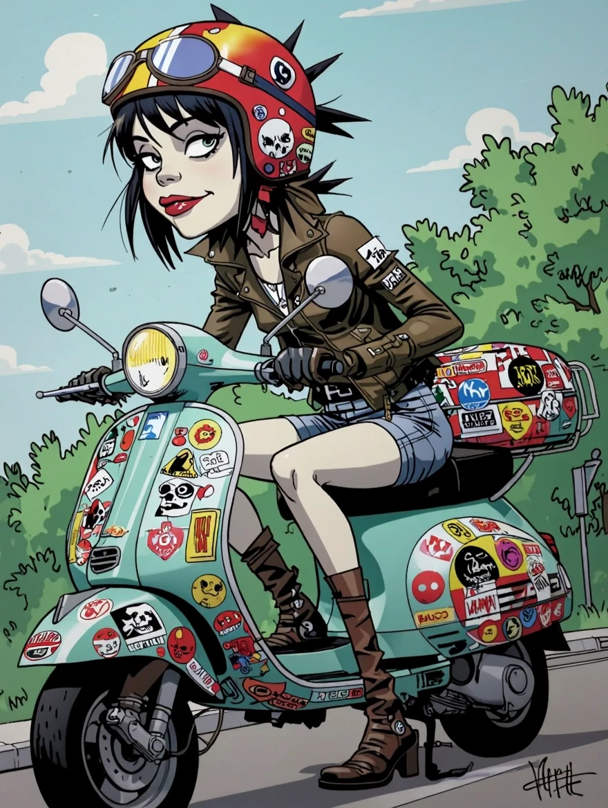Jamie Hewlett style.  Cartoon style. Strange dressed female character riding a vespa covered in stickers.