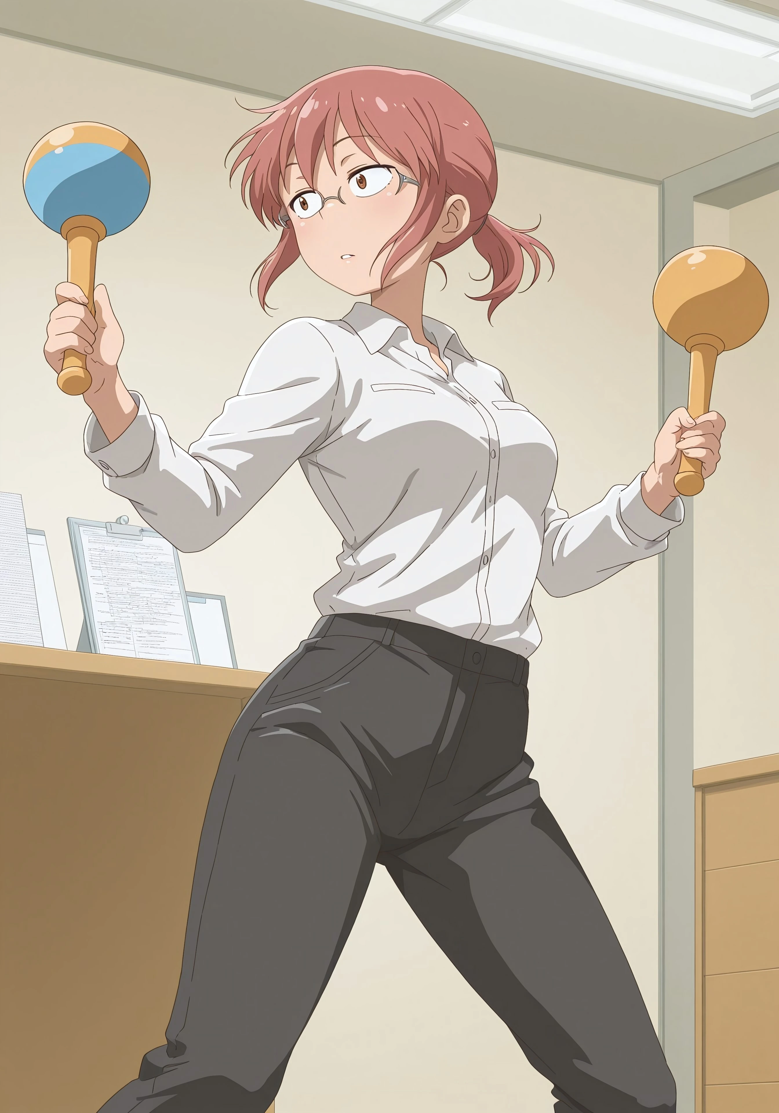 (((ultra detailed, masterpiece, high quality, )))
,
((( indoors, office)))
,
((( 1girl, solo, )))
,
((( Maracasmb2, playing maracas, holding maracas, maracas in both hands, shaking instruments, rhythmic pose, dancing stance )))
,
((( kobayashi, ponytail, pink hair, glasses, short hair, brown eyes, mature female, small breasts, anime screencap, shirt, long sleeves, white shirt, collared shirt, pants, black pants, office lady, )))
,
((( )))
,
((( )))
((( )))