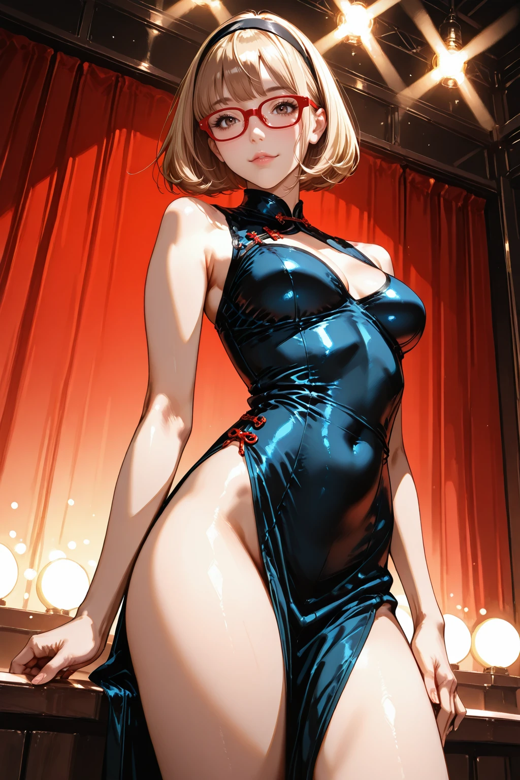 NSFW, masterpiece, best quality, good quality, super fine illustration, ultra high res, quality_masterpiece, official art, high-key lighting, highly contrasted, highly color focused, 8K, perfect face, perfect fingers, detailed, soft brightness, high-key lighting, dutch angle, sense of depth, gl1tchm4ng4, lineart, LineAniAF, soft_watercolor, zPDXL3, (Ilya Kuvshinov:0.2), (kon kit:1.0), (oda non:0.2),
<lora:Detailed_eyes:1> <lora:gl1tchm4ng4XLP:0.5> <lora:LineAniRedmondV2-Lineart-LineAniAF:0.5> <lora:a7b03fff-c393-4eb8-b501-dfcf2f445dbf.TA_trained:0.5> <lora:Detail_Tweaker_Illustrious_BSY_V3:0.8>
Thirties, Japanese, Blonde, Bob cut, side parted, ((Red frame glasses)), Slender body, medium breasts, hostess makeup, Long lashes, dark brown eyes, black headband,
1woman, (solo:1.3), black china dress, ((cowboy shot)), ((from below)), ((bare shoulders)), ((Very short hemline)), ((Leaking sexy legs)), Audience view, Primetime lights, Bokeh atmosphere perspective,
<lora:7db47755-fcdb-4e42-a00e-e3c9d6219f9b.TA_trained:0.5> ume,