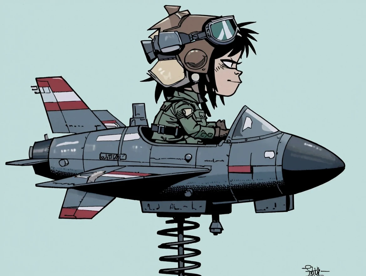 Jamie Hewlett style. Cartoon style. Serious looking young girl wearing a flight suit and goggles over her eyes riding a toy spaceship.  A large spring attaches to the bottom of the spaceship. Side view.