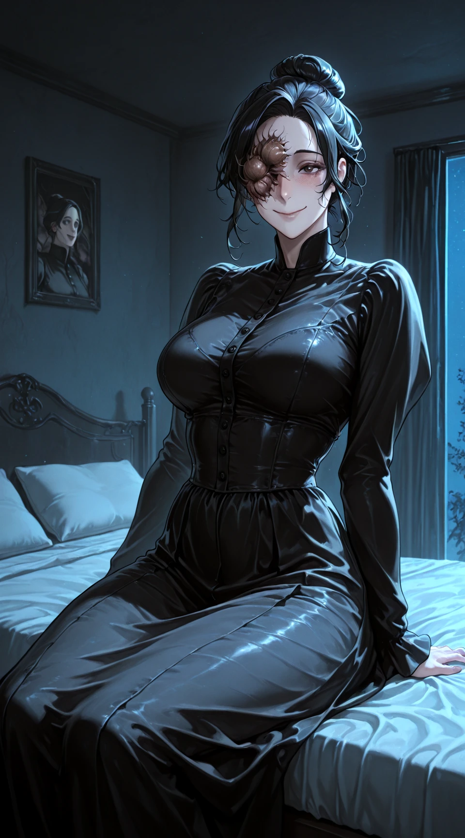 masterpiece,best quality,absurdres, amazing quality <lora:DonnaBellV4-000004:0.99> donna_beneviento, cadosite_face_parasite, black_dress, solo, bedroom, sitting, on_back, hand on bed, smile, night,