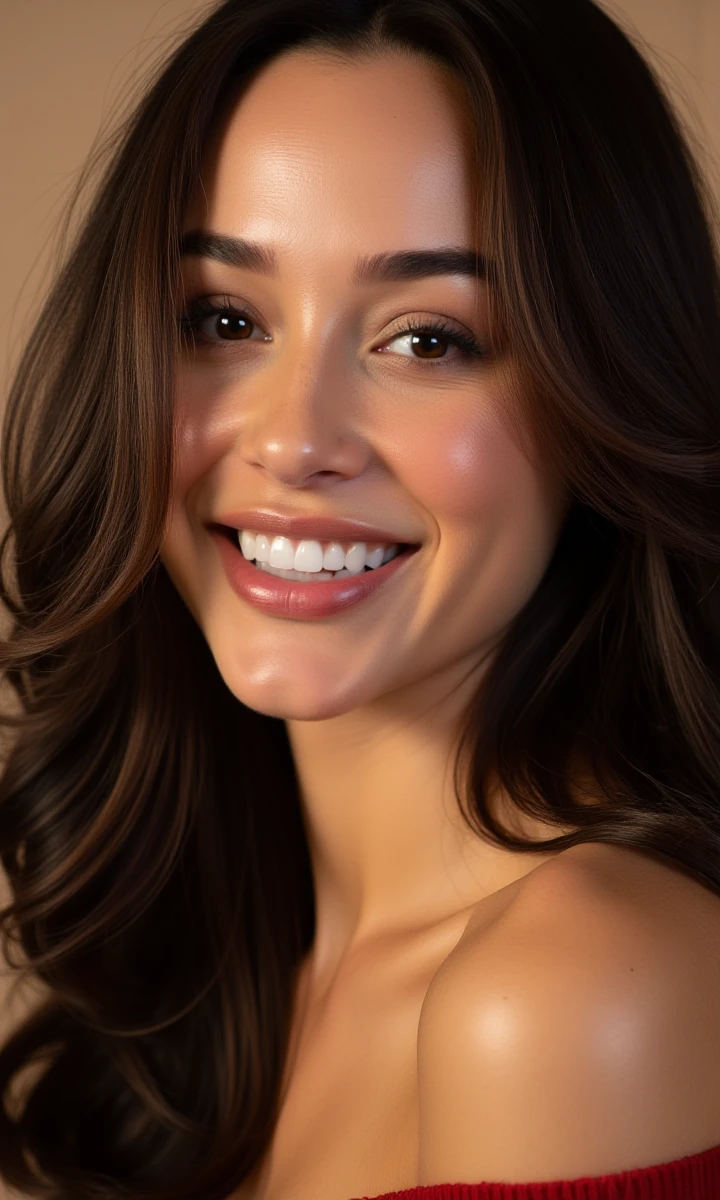 Professional studio headshot portrait photo of a beautiful fair woman sia with long, voluminous, hair with a subtle sense of motion and big round boobs. she is positioned against a solid background. She has a radiant, confident, and engaging smile. The woman is wearing a loose, off-the-shoulder top. The diffuce lighting highlights the woman's features and creates a warm, slightly soft glow. The background contrasts sharply with her skin and clothing, emphasizing her appearance. Captured with a high-end DSLR camera and a classic 85mm f/1.4 portrait lens. Set the aperture to f/2.8 for a shallow depth of field, ensuring her face is tack-sharp while the background is smoothly out of focus. The composition is a classic, tight headshot, focusing on her expressive face. Photorealistic, highly detailed, impeccable skin texture. no make up