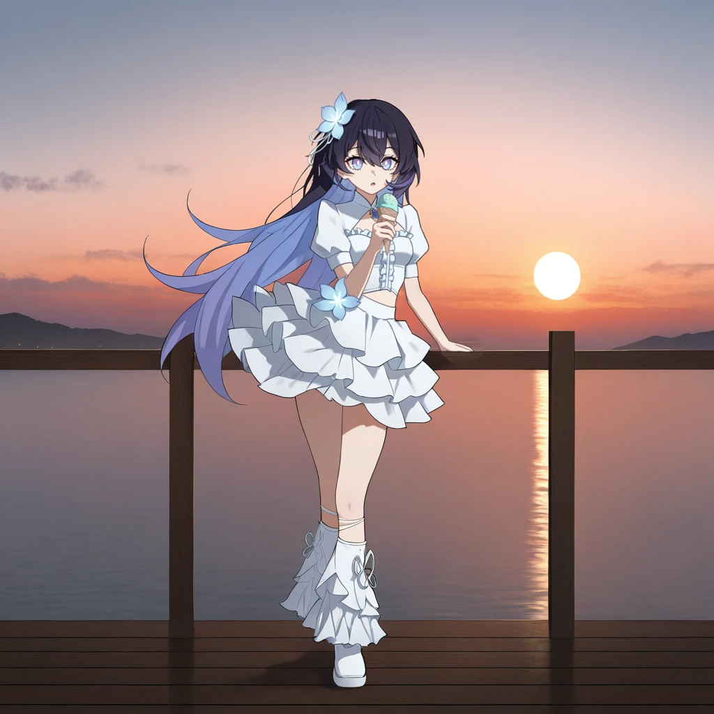masterpiece, best quality, ultra-detailed, very aesthetic, detailed background, year 2023, very aesthetic, newest, scenery, highres, 4k, absurdres, 8k, colorful,vibrant, glowing, perfect face, 2d, perfect eyes, detailed eyes, 1girl, solo, sun, sky, evening, sunset, clouds, pier, wooden pier, wooden railing, hand on railing, holding ice cream, ice cream cone, licking ice cream, surprised, looking at ice cream, full body, contrapposto, standing, angled shot, white leg strap, frilled leg warmers, white legwarmers, white shoes, Hi3Pack09, Sum_Sel, seele vollerei, black hair, colored inner hair, very long hair, light blue eyes, white pupils, light blue hair, light blue flower, white shrug, shrug (clothing), flower hair ornament, white ribbon, blue gemstone, center frills, cropped shirt, white shirt, cleavage cutout, puffy short sleeves, white sleeves, midriff, frilled skirt, white skirt, layered skirt,
masterpiece, best quality, ultra-detailed, very aesthetic, newest, scenery, absurdres, perfect anatomy, perfect legs, perfect face, perfect eyes, clear eyes, beautiful eyes, perfect feet,