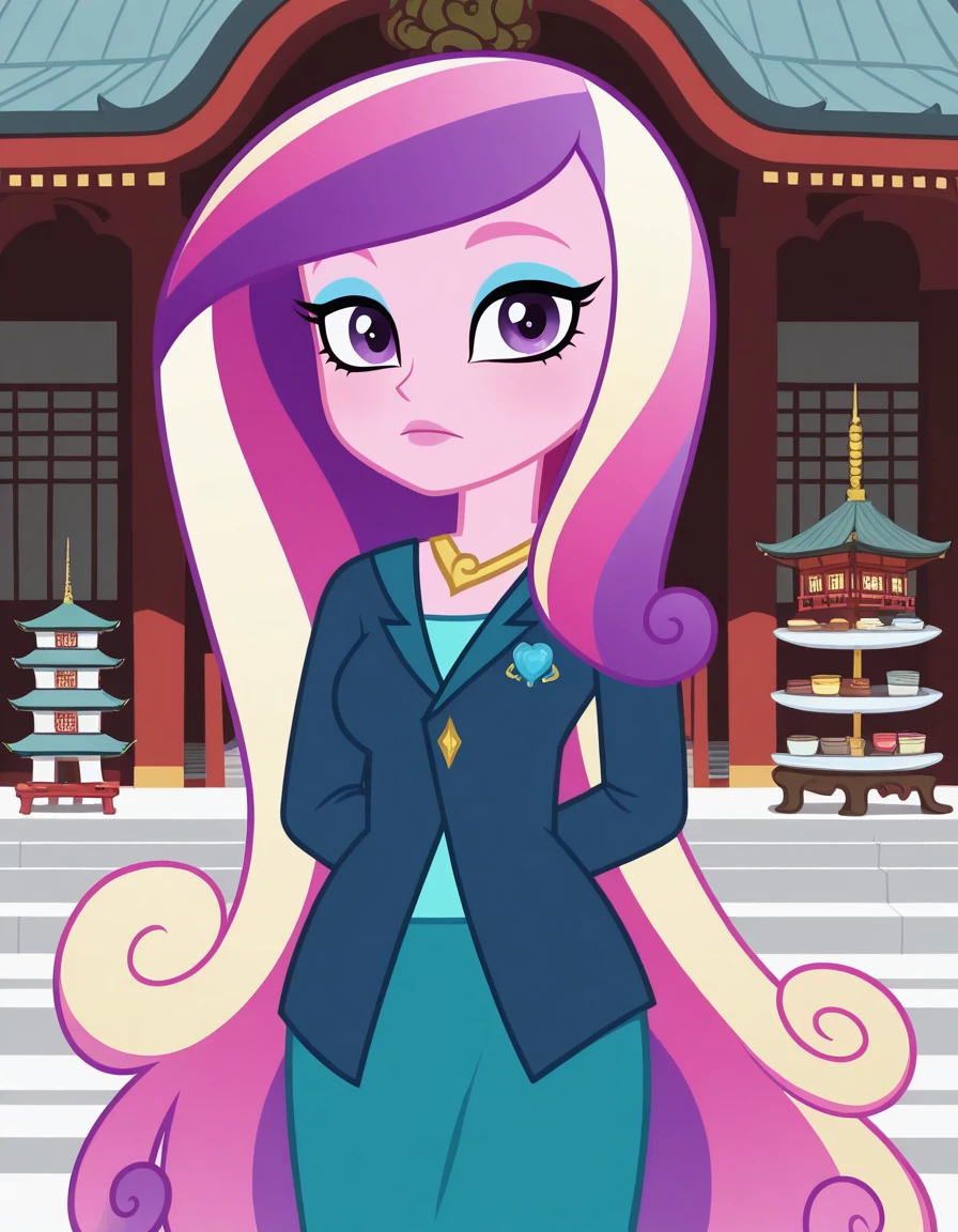 masterpiece, best quality, amazing quality,, <lora:dean-cadance-movie-illustriousxl-lora-nochekaiser:1>, cadance, long hair, very long hair, purple eyes, pink hair, purple hair, multicolored hair, two-tone hair, eyelashes, makeup, eyeshadow, skirt, formal, suit,, hands behind back, bent over,, pagoda, tall, tiered, Asian, sacred, cowboy shot, solo, looking at viewer,