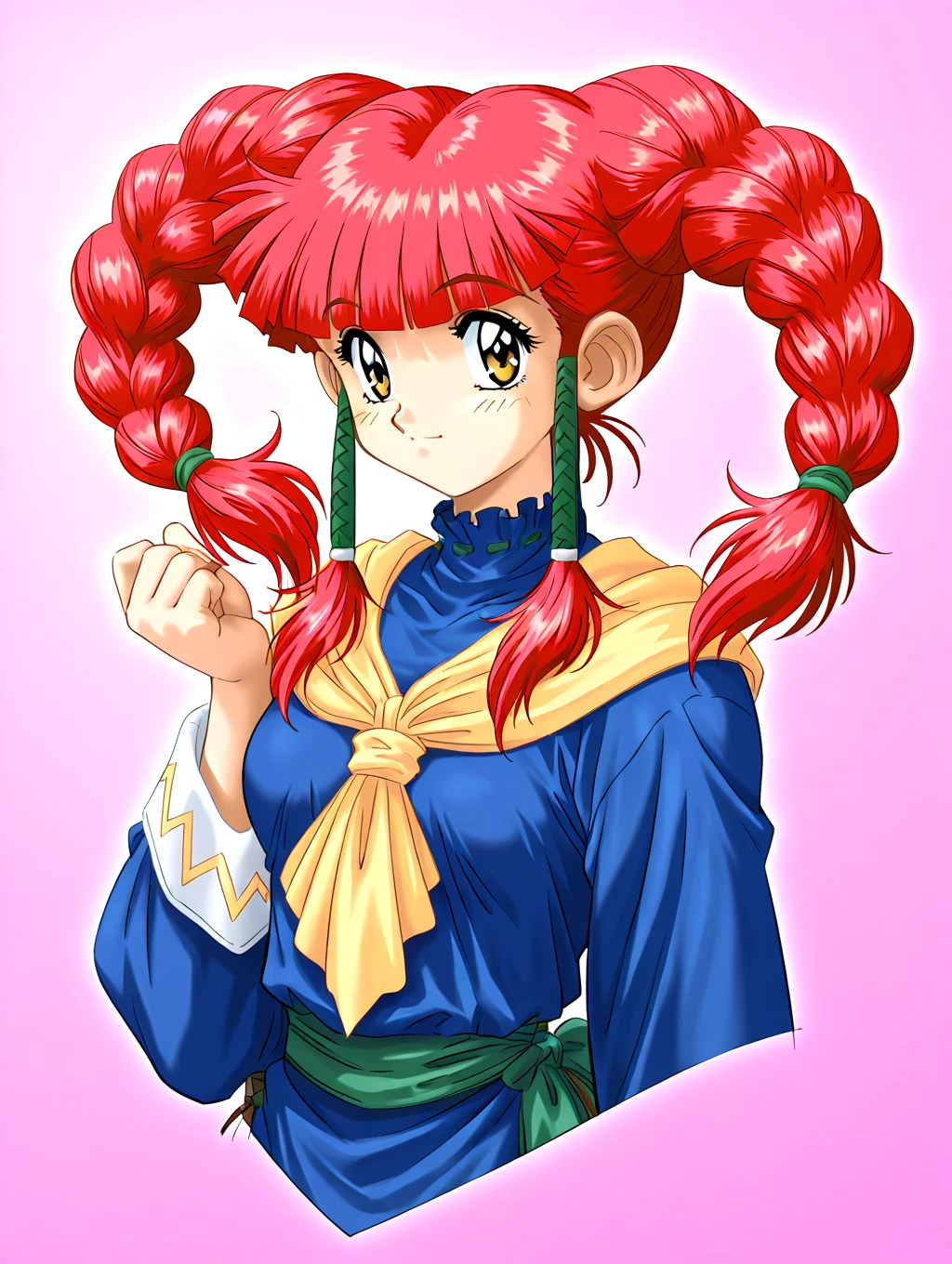 <lora:IL-D2Catherine:1>,d2catherine,1girl,solo,twin braids,red hair,twintails,yellow eyes,long hair,blue robe with white cuffs,green belt,braid,yellow scarf,1990s \(style\),portrait,