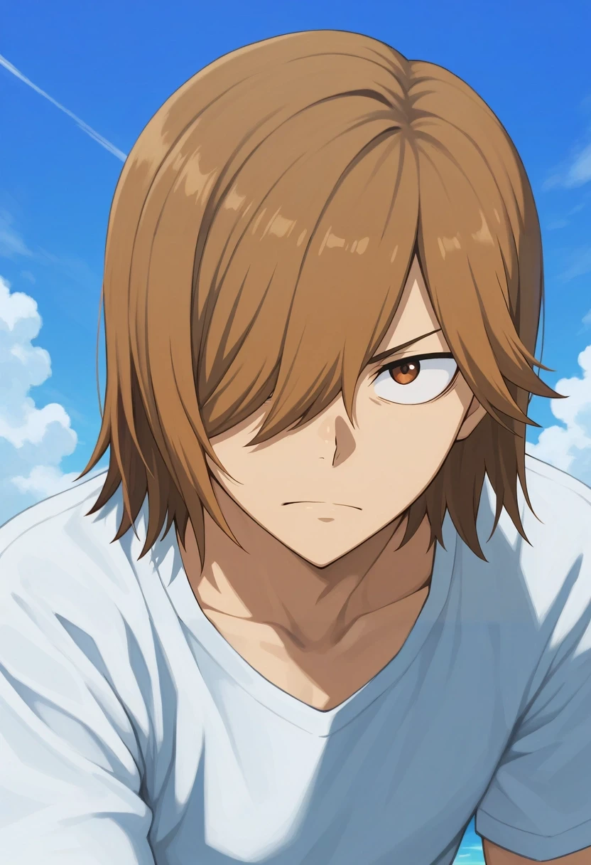 masterpiece, best quality, amazing quality, very aesthetic, high resolution, ultra-detailed, absurdres, newest, colorful, highest detailed, very awa, , , looking at viewer, , 1boy, solo, male focus, <lora:hajime_aoyagi_ilxl:0.94>, hajime_aoyagi, brown hair, brown eyes, hair over one eye,