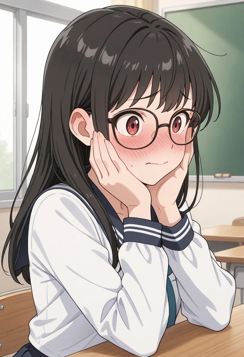solo, upper body, 1girl, long hair, glasses, school uniform, kilig_pose, hands on own cheeks, closed mouth, blush, classroom, masterpiece, 4k resolution, anime