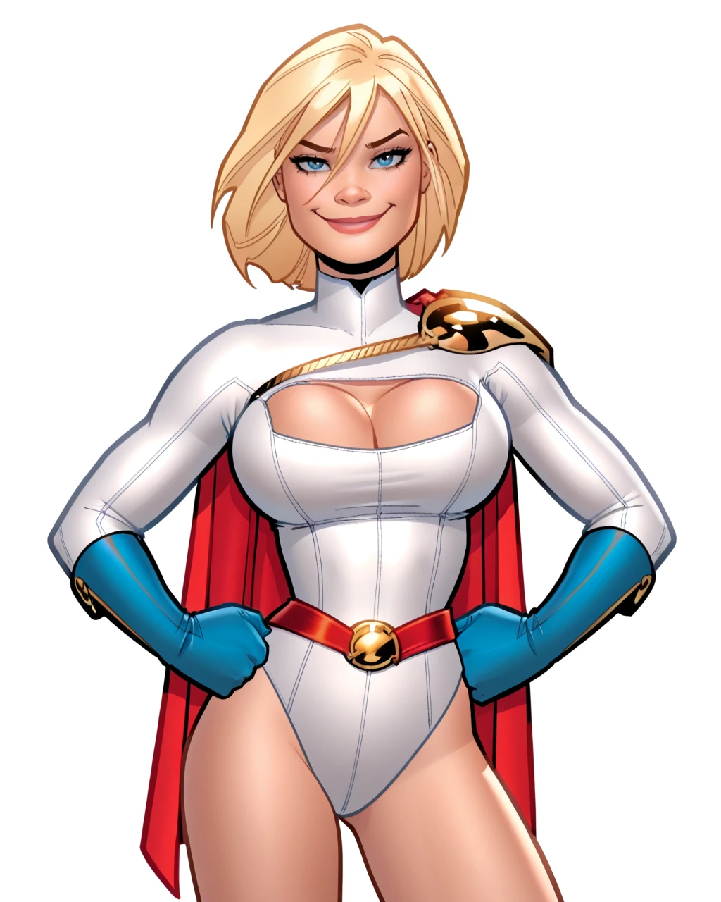 masterpiece, best quality, absurdres, perfect quality, absolutely eye-catching, <lora:AmandaConnerIllus:0.9> aconner, <lora:Power_Girl_DC_Comics:0.7> power_girl_(dc), blue eyes, blonde hair, white leotard, cleavage window, cleavage cutout, red cape, gold strap, blue gloves, red belt, hands on hips, contrapposto, looking at viewer, smug, large breasts, narrow waist,