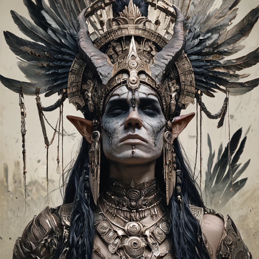 Score_9, score_8_up, score_7_up, score_6_up, <lora:Dystopian_Mythology_FantasyPony:1> Dystopian Mythology Fantasy, The image shows a man and woman dressed in elaborate costumes with the woman wearing a headdress and the man wearing a mask. The background is dark creating a mysterious atmosphere., horns, 1girl, black hair, long hair, jewelry, pointy ears, feathers, necklace, realistic