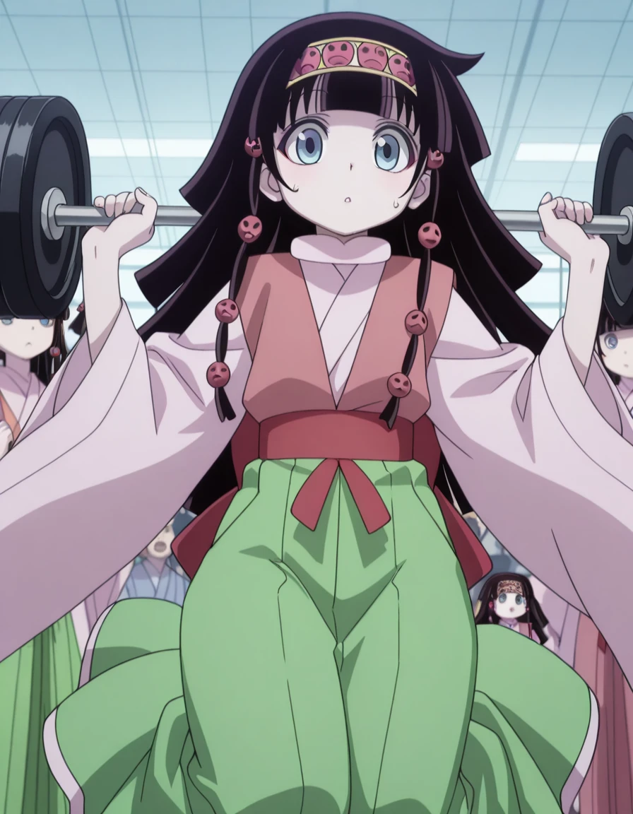 masterpiece, best quality, amazing quality,, <lora:hxh-alluka-anime-illustriousxl-lora-nochekaiser:1>, hxh alluka, long hair, blue eyes, black hair, hair ornament, hairband, blunt bangs, anime screencap,, long sleeves, japanese clothes, wide sleeves, kimono, sash, hakama, green hakama, multicolored clothes, <lora:dynamic-pose-illustriousxl-lora-nochekaiser:1>, dynamic pose, jumping, cowboy shot, gym, weights, machines, people, sweat, cowboy shot, solo, looking at viewer,
