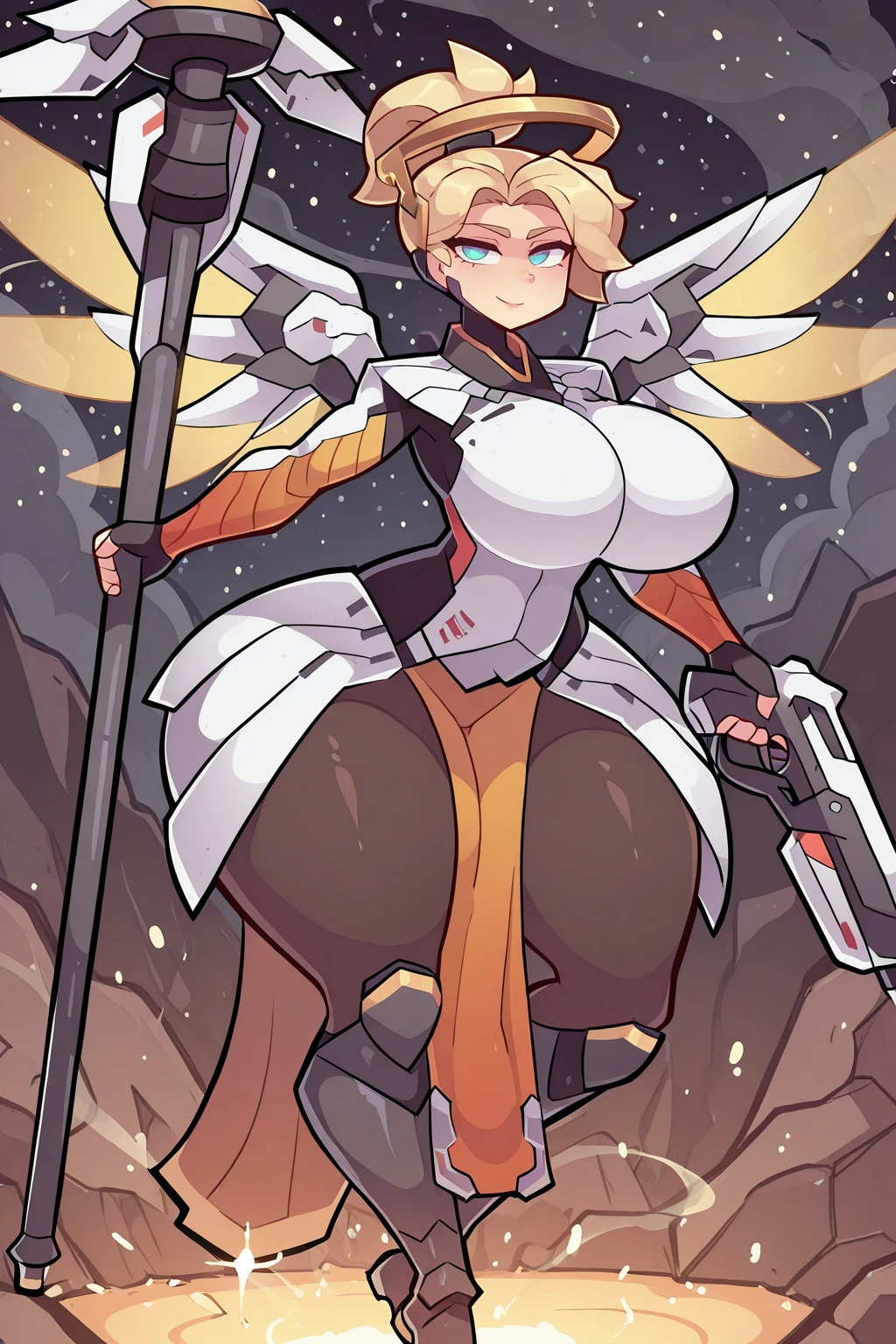 masterpiece, good quality, best quality, very awa, very as2, absurdres, highres
<lora:double_drownz StyleIlluLYCO:1.4>1girl, breasts, solo, huge breasts, thick thighs, wide hips, looking at viewer,
<lora:MrcyilluLora:1> mrcy, short hair, high ponytail, halo, high collar, bodysuit, gloves, mechanical wings, pelvic curtain, armor, pantyhose, faulds, spread wings, greaves, boots, boots || holding staff, staff, holy light, holding gun, smile, starry sky, night