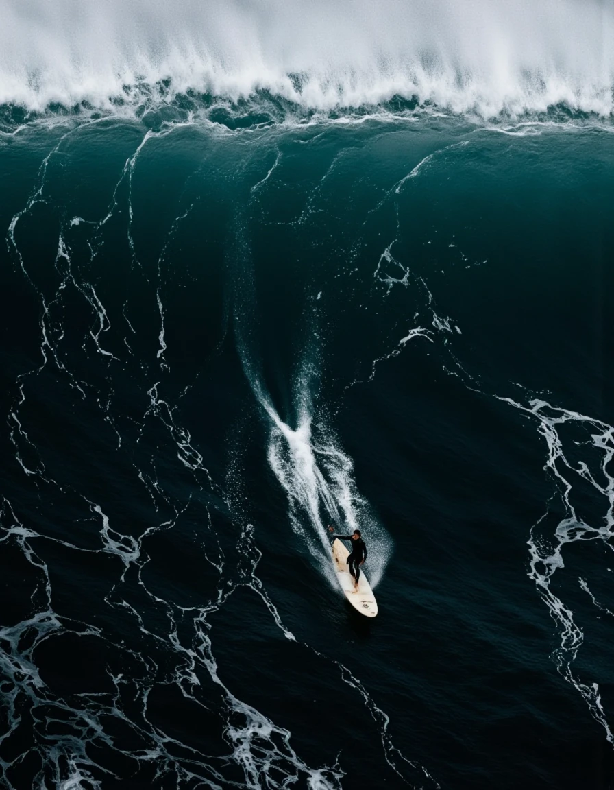 Surfing life style. Cinematic photo. A bird's eye view of a surfer riding a large wave in the middle of the ocean. the surfer is wearing a black wetsuit and is standing on a surfboard, looking down at the wave. the wave is large and powerful, with a crest of foamy white foam at the top, creating a dramatic contrast with the dark blue of the water. the rider is positioned in the center of the wave, with their arms outstretched, as if they are riding it. the image is taken from a high angle, giving a unique perspective of how the wave looks like.
surfer, solo, standing, full body, water, surfing, ocean, surfer, wave, ocean waves
camera_angle: from above, art_style: photo realistic, location: NA, background: vast ocean with dark blue waves and foamy water, text: NA | image_composition: middle, clothing: black wet suit, hair_style : NA, distance_to_camera: full body | hair_color: black, facial_expression: NA