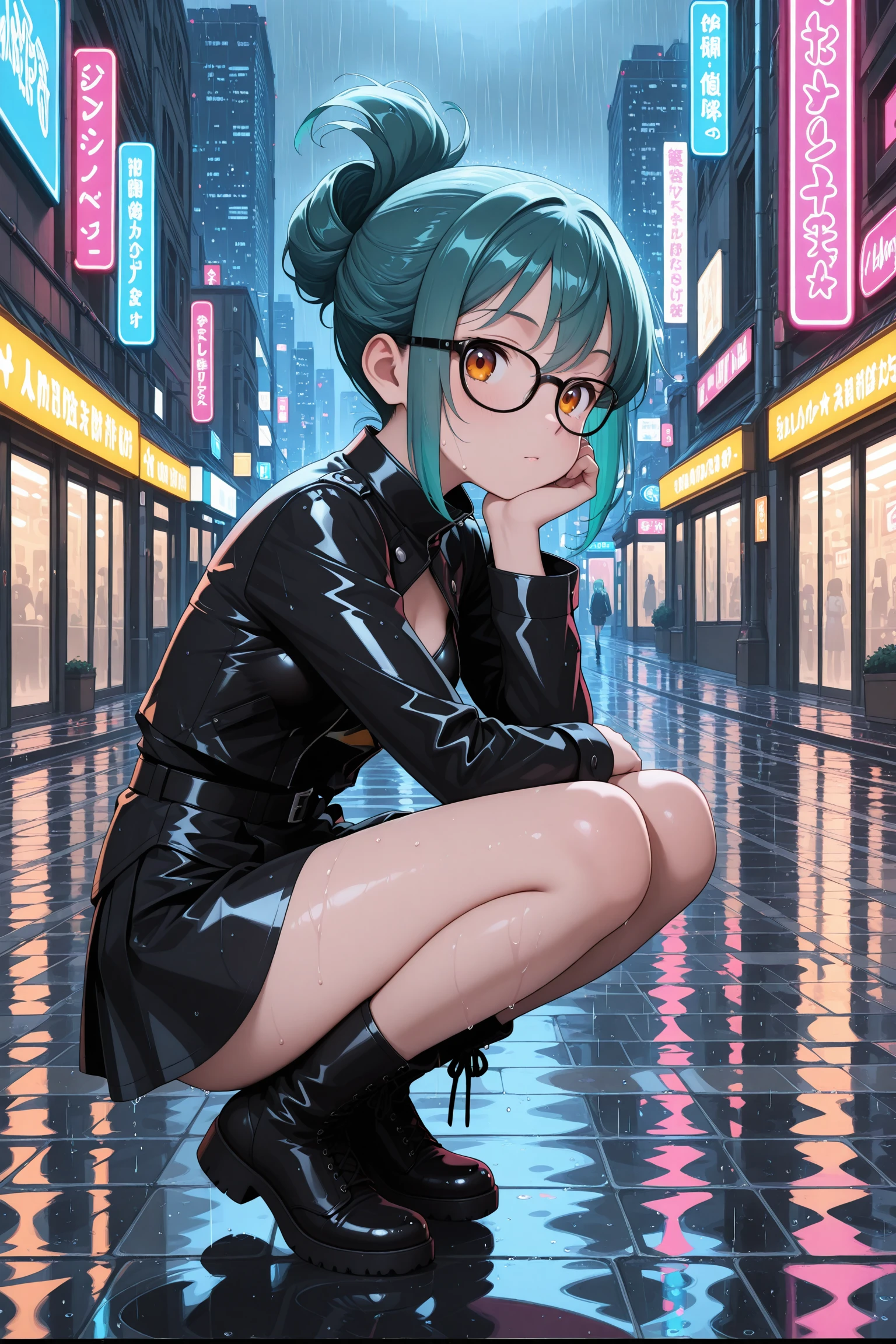 anime screencap, anime coloring, detailed face, masterpiece, best quality, very aesthetic, absurdres, volumetric lighting, official style, amazing quality, ultra detailed, highres, amazing quality, scenery, beautiful detailed hair, beautiful detailed eyes,
<lora:StS-Illustrious-Detail-Slider-v1.0:4>
<lora:Ayumi_Tsukishiro_Original_Character_-_V2:1>
outdoors, neon signs, rain, in a city,
Ayumi Tsukishiro (character), 1girl, solo, glasses, breasts, black skirt, black jacket, looking at viewer, skirt, boots, jacket, small breasts, black footwear, black-framed eyewear, squatting, amber eyes, wild teal hair, twist updo, petite girl, petite