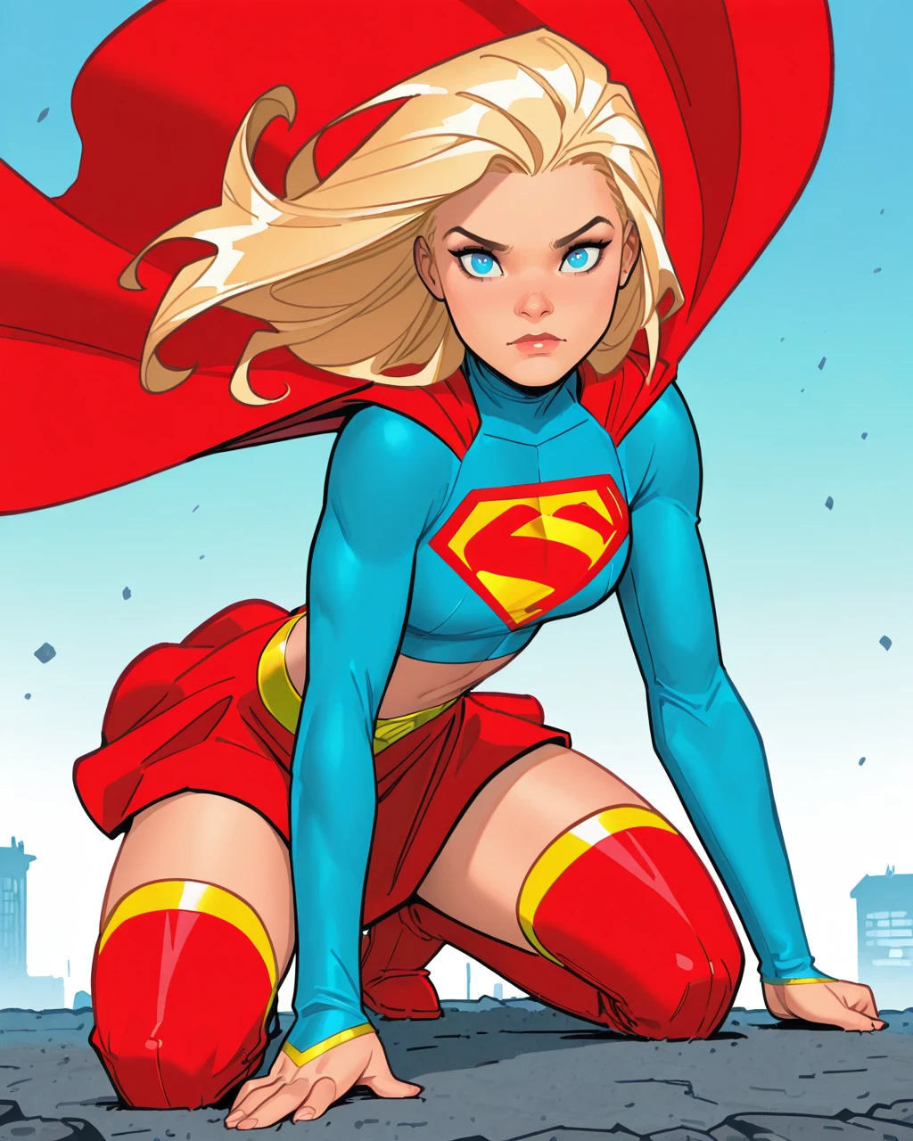 masterpiece, best quality, absurdres, perfect quality, absolutely eye-catching, <lora:AmandaConnerIllus:0.9> aconner, <lora:SupergirlIllus:0.7> newsupergirl, 1girl, blonde hair, long hair, blue eyes, crop top, cape, midriff, red skirt, thigh boots, on one knee, looking at viewer,