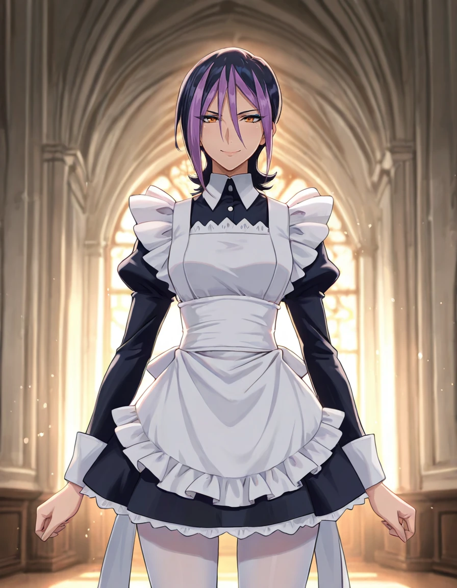 <lora:Droite_SDXL_IL_V1-000015:0.7>,d2o2t1,1girl,solo,short hair,black hair,purple hair,dyed bangs,hair between eyes,orange eyes,blue eyeshadow,maid,white pantyhose,
looking_at_viewer,available light,outdoors,cowboy_shot,smile,,indoors,, Best quality,masterpiece,soft light,official art,masterpiece,high quality,highres,absurdres,best quality,epic scene,natural textures,16k, masterpiece, absurdes, highly detailed, highres, high quality, best quality, score_9, score_8_up, score_7_up, source_anime, masterpiece, perfect face, perfect eyes,(extremely detailed face),Smooth Quality,