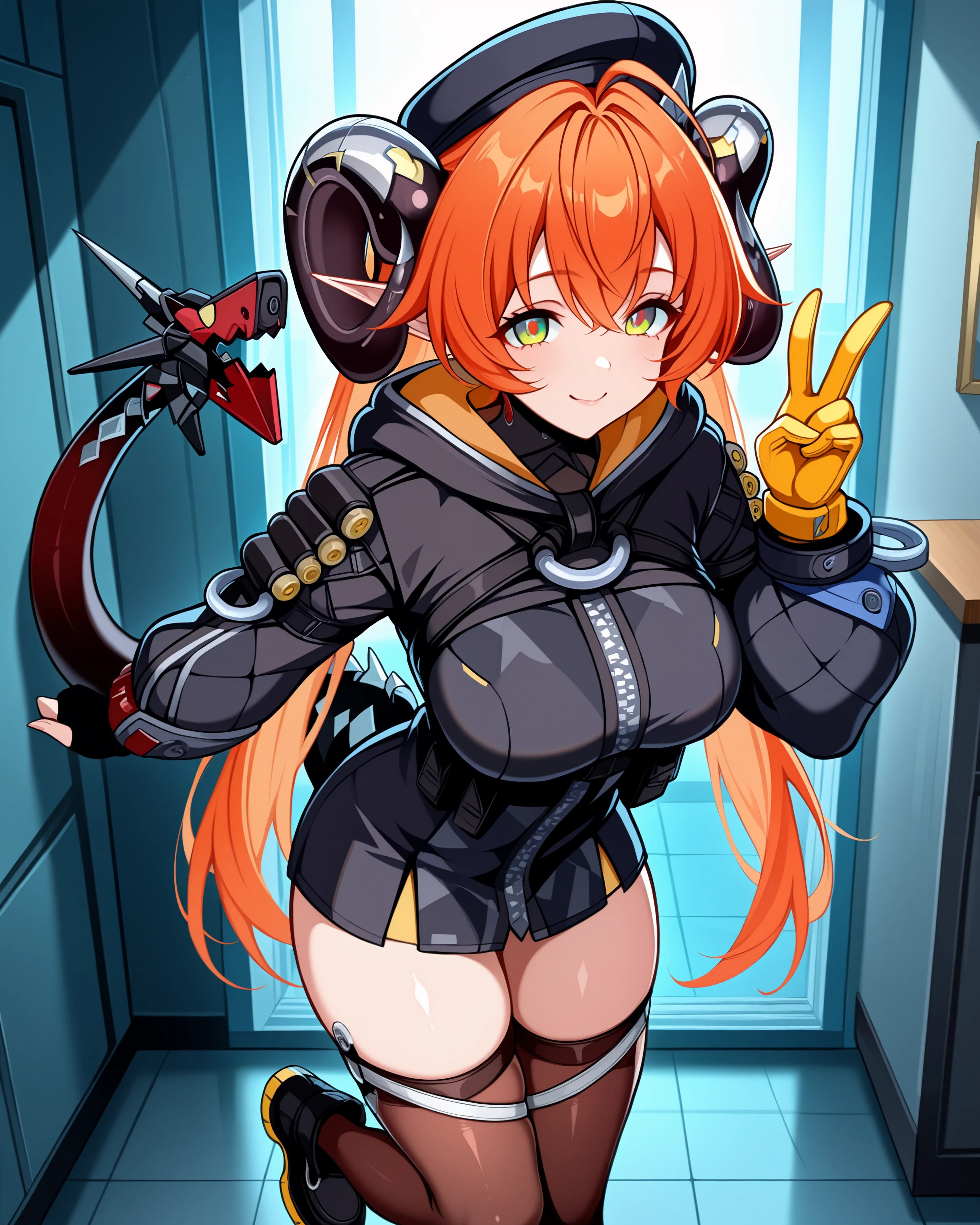 masterpiece, best quality, amazing quality, aesthetic, absurdres, best quality, 4k, upscale, indoors, v, dynamic pose, orpheuszzz, 1girl, solo, thighhighs, gloves, long hair, orange hair, hood, black footwear, looking at viewer, brown thighhighs, standing, breasts, fingerless gloves, horns, smile, long sleeves, bangs, hood up, black gloves, hair between eyes, closed mouth, pointy ears, yellow gloves, black gloves, hat, long hair, twintails, bangs, green eyes, mechanical tail <lora:Orpheus_IL_v3:1>
