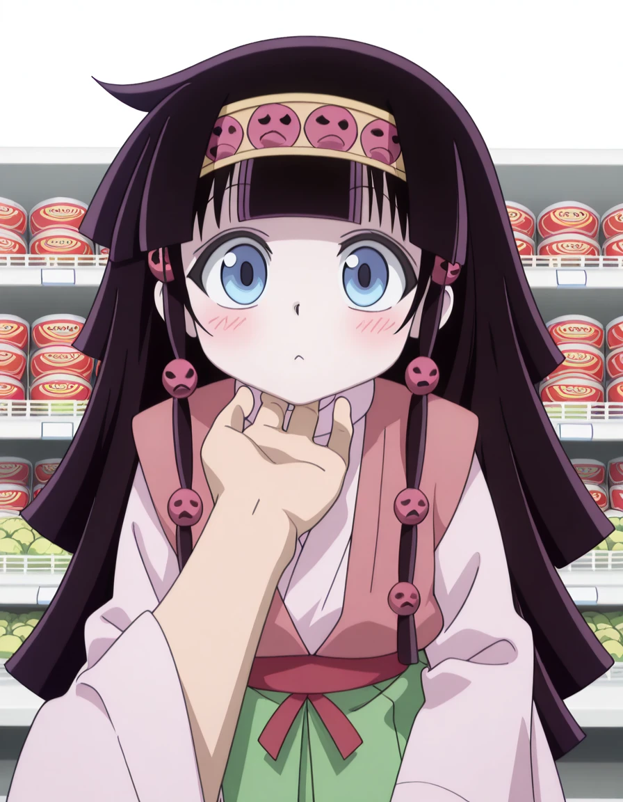 masterpiece, best quality, amazing quality,, <lora:hxh-alluka-anime-illustriousxl-lora-nochekaiser:1>, hxh alluka, long hair, blue eyes, black hair, hair ornament, hairband, blunt bangs, anime screencap,, long sleeves, japanese clothes, wide sleeves, kimono, sash, hakama, green hakama, multicolored clothes, <lora:stroking-anothers-chin-pov-illustriousxl-lora-nochekaiser:1>, stroking another's chin pov, stronking another's chin, pov, pov hands, blush,, supermarket, aisles, shopping, food, shelves, cowboy shot, solo, looking at viewer, <lora:transparent-background-illustriousxl-lora-nochekaiser:1>, transparent background, simple background, white background