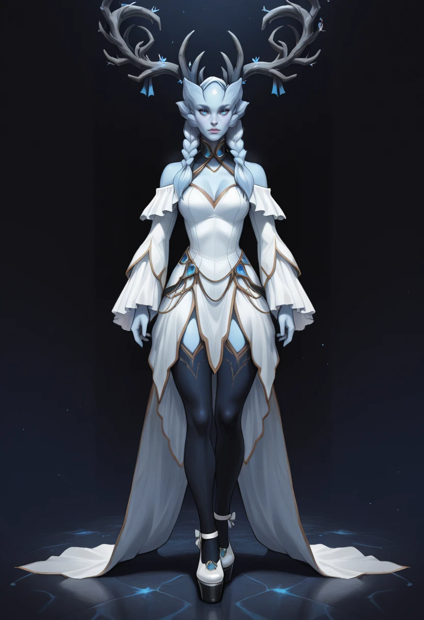 very awa, masterpiece, best quality, absurdres, newest, perfect quality, detailed background, intricate details
<lora:ILWowW1interQu33n:1>
WowW1interQu33n, 1girl, alien, colored skin, braid, blue eyes, long hair, horns, twin braids, antlers, blue eyes, white dress, long sleeves, off the shoulder, ribbon_ruffle_choker, thigh highs, platform shoes