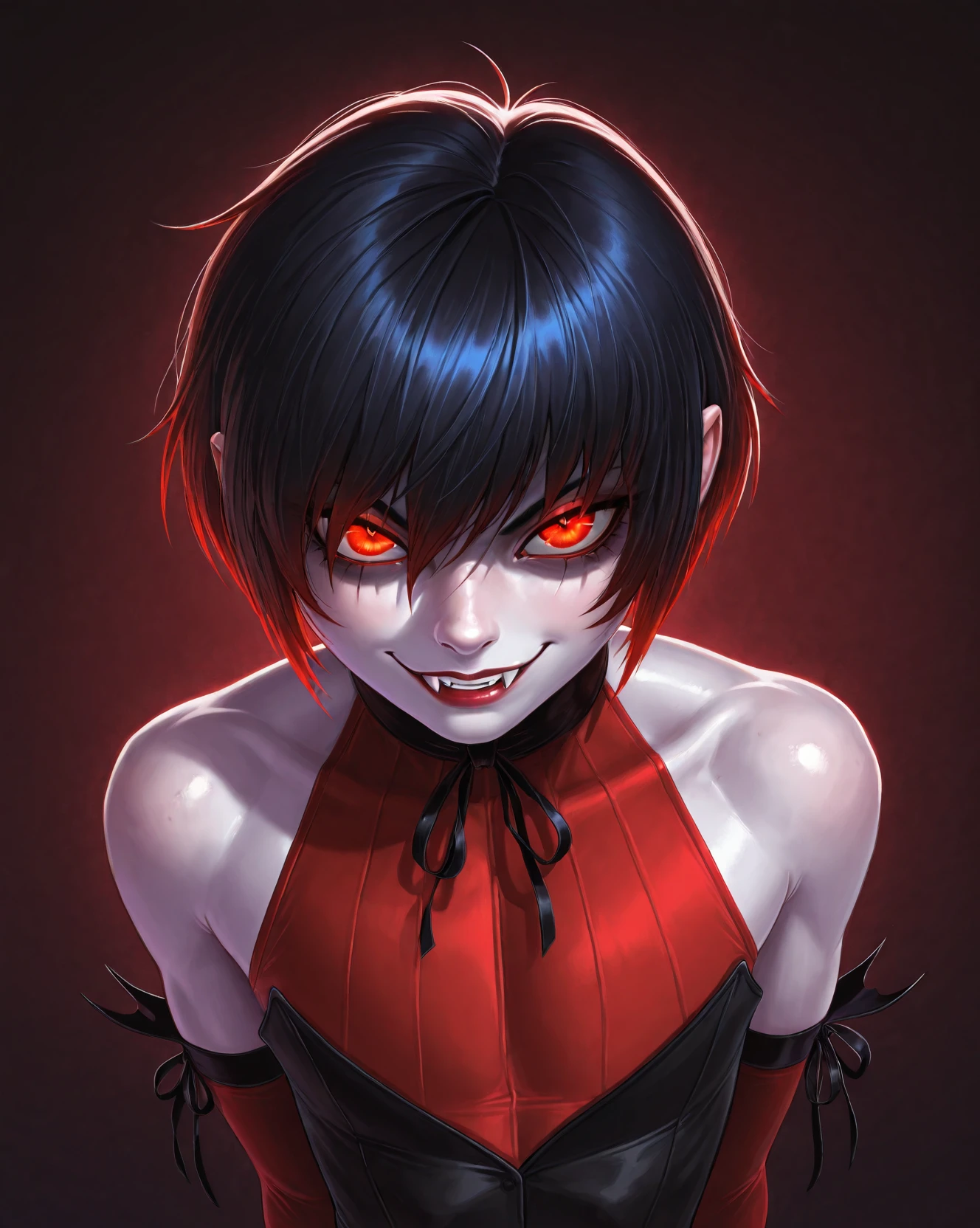 masterpiece, best quality, cowboy shot, view from below, 1girl, looking at viewer, crimson eyes, cool beauty, short hairstyle, black hair, red strands of hair, sharp eyes, mature face, slim body, villain clothes clothes, crazed face, crazy smirk, lips, exotic clothes, midriff clothes, fit girl, fit body, wild appearance, wild style, stomping viewer, leg up, Vampire Fangs, Buff Muscles
