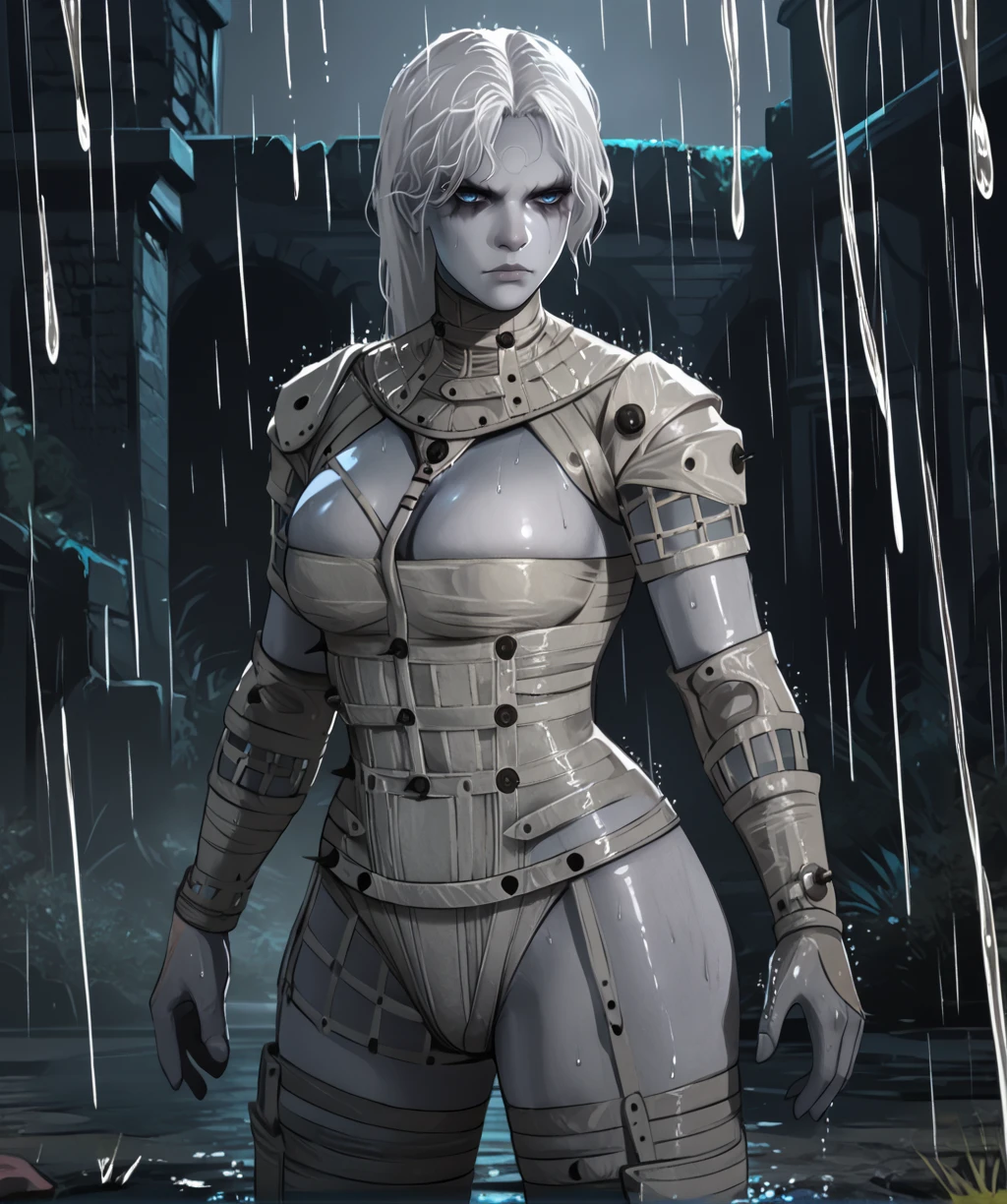 score_9, score_8_up, score_7_up, score_6_up, score_5_up, score_4_up,
laxasiaxl, white hair, blue eyes, facial mark, long hair,
white , serious, cleavage,
standing, hip, rain, wet,
night, ruins,
looking at viewer, <lora:laxasiaTCXL-11v7:0.9>,