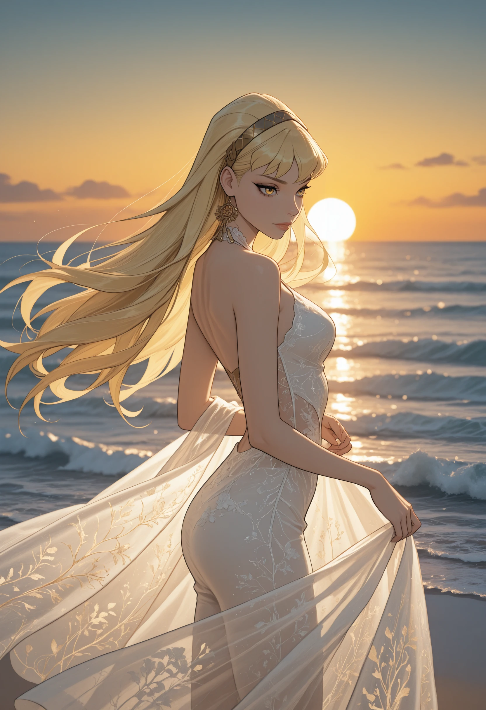very awa, masterpiece, best quality, absurdres, newest, perfect quality, detailed background, intricate details
<lora:ILWCStell4:1>
WCStell4, 1girl, blonde hair, hairband, yellow eyes, long hair, shimmering fabric, ocean waves, golden sunset, serene beauty, wind in hair, natural elegance, high-end editorial, rich color grading, professional retouching, dynamic pose