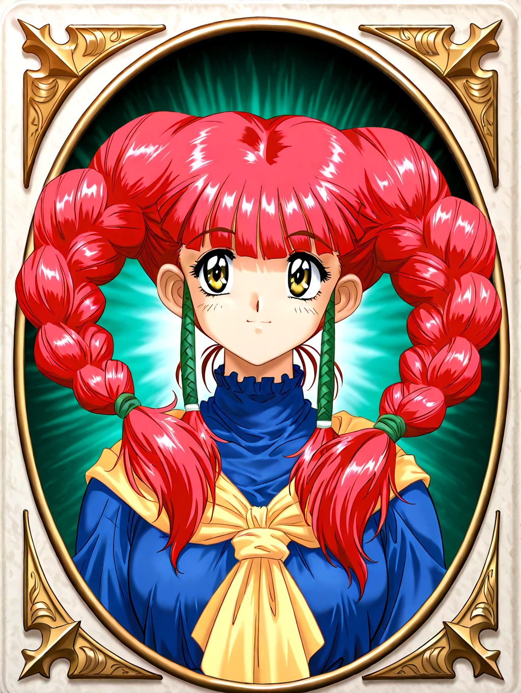 <lora:IL-D2Catherine:1>,d2catherine,1girl,solo,twin braids,red hair,twintails,yellow eyes,long hair,blue robe with white cuffs,green belt,braid,yellow scarf,1990s \(style\),portrait,book background,