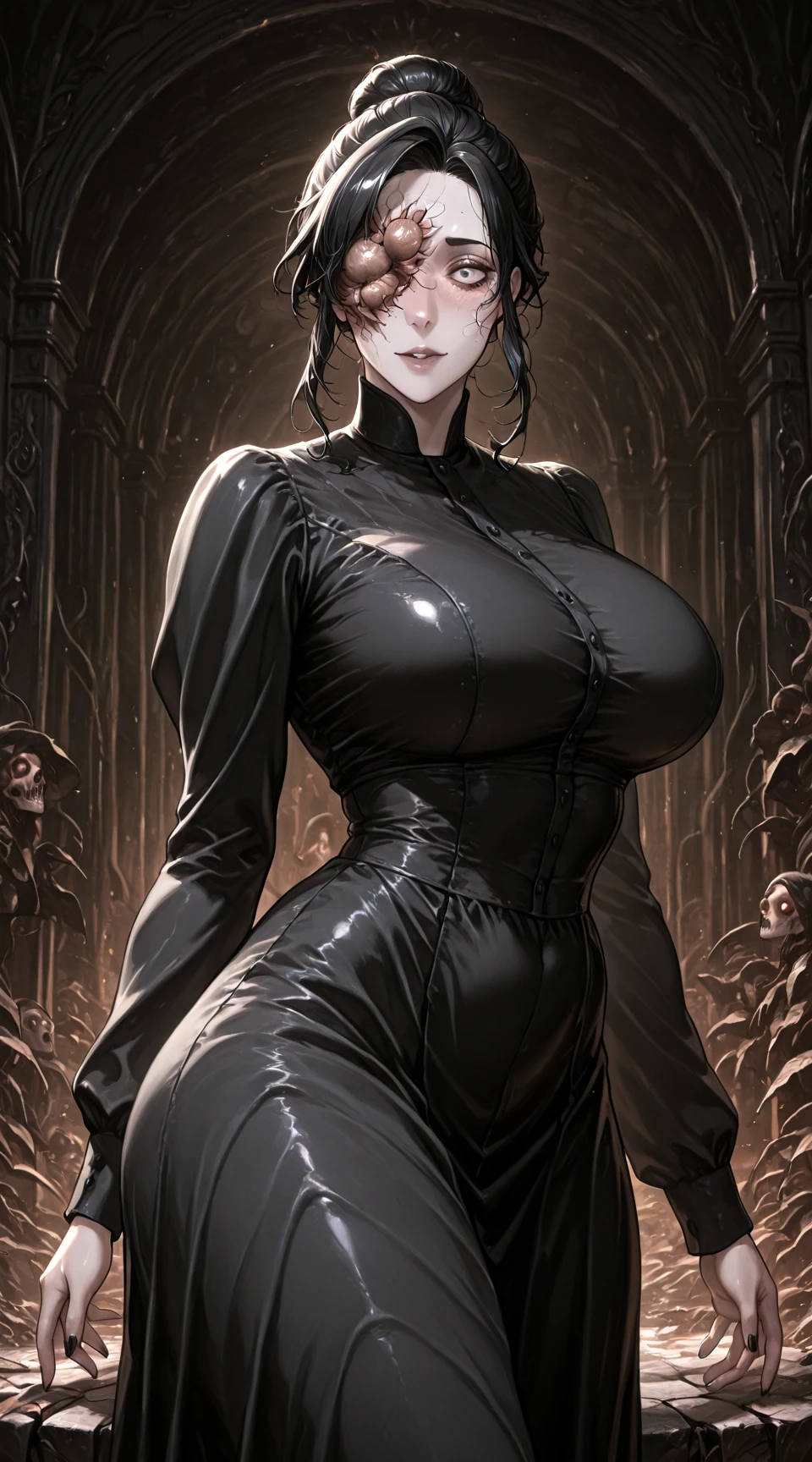 masterpiece,best quality,absurdres, amazing quality <lora:DonnaBellV4-000004:0.99> donna_beneviento, cadosite_face_parasite, black_dress, solo