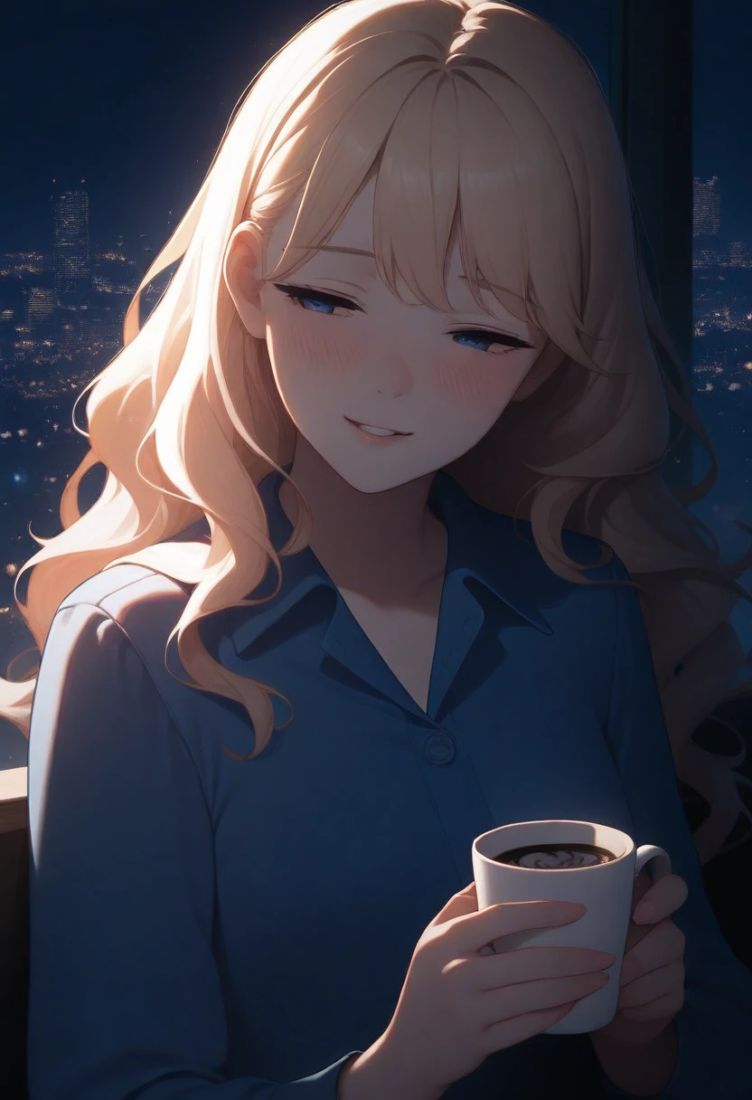 masterpiece, best quality, very aesthetic, 1girl, solo, adult, blue eyes, blonde, wavy hair, blush, blush, smile, parted lips, half-closed eyes, holding cup, coffee, cup, looking away, dress shirt, blue shirt, upper body, sidelighting, night, night city, dark