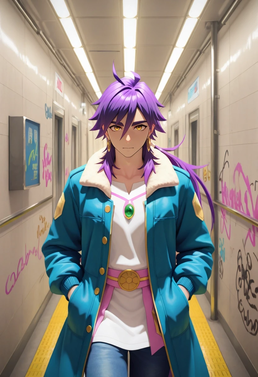 masterpiece, best quality, amazing quality, very aesthetic, high resolution, ultra-detailed, absurdres, newest, colorful, highest detailed, very awa, 3d, walking through subway tunnel, calm look, bomber jacket and jeans, graffiti on tiled walls, fluorescent overhead lights, clean tracks visible, station signs along wall, tunnel curve, hands in pockets, light shadow on wall, 1boy, solo, male focus, <lora:snbd_msnb_ilxl:0.96>, snbd_msnb, purple hair, yellow eyes, long hair, ponytail, hair between eyes, ahoge, blue open coat, white tunic, light pink panel, green gem, gold trim, gold hoop earrings, gold buttons