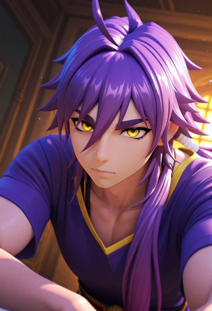 masterpiece, best quality, amazing quality, very aesthetic, high resolution, ultra-detailed, absurdres, newest, colorful, highest detailed, very awa, 3d, , 1boy, solo, male focus, <lora:snbd_msnb_ilxl:0.92>, snbd_msnb, purple hair, yellow eyes, long hair, ponytail, hair between eyes, ahoge,