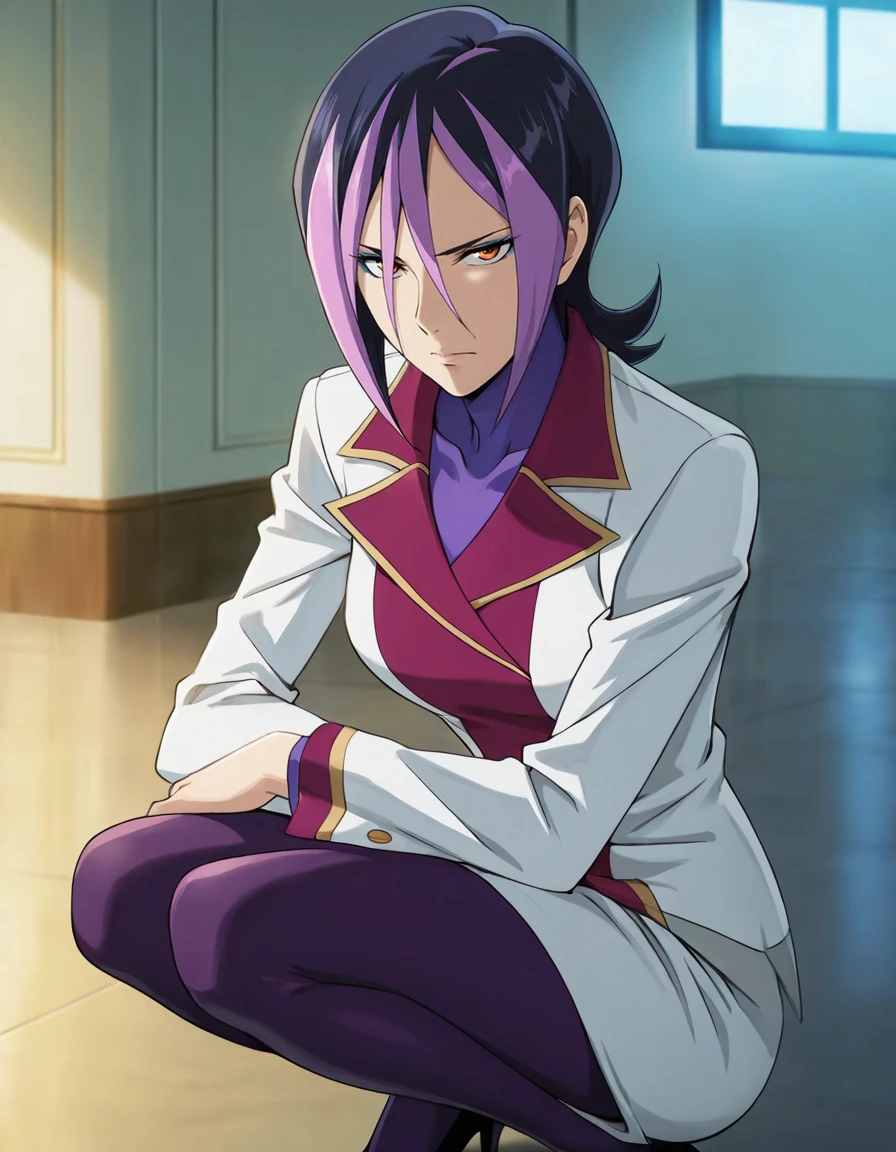 <lora:Droite_SDXL_IL_V1-000015:0.7>,d2o2t1,1girl,solo,short hair,black hair,purple hair,dyed bangs,hair between eyes,orange eyes,blue eyeshadow,white blazer,white pencil skirt,pink collar,purple bodysuit,bodysuit under clothes,purple pantyhose,black high heels,
looking_at_viewer,available light,indoors,cowboy_shot,squatting,, Best quality,masterpiece,soft light,official art,masterpiece,high quality,highres,absurdres,best quality,epic scene,natural textures,16k, masterpiece, absurdes, highly detailed, highres, high quality, best quality, score_9, score_8_up, score_7_up, source_anime, masterpiece, perfect face, perfect eyes,(extremely detailed face),Smooth Quality,