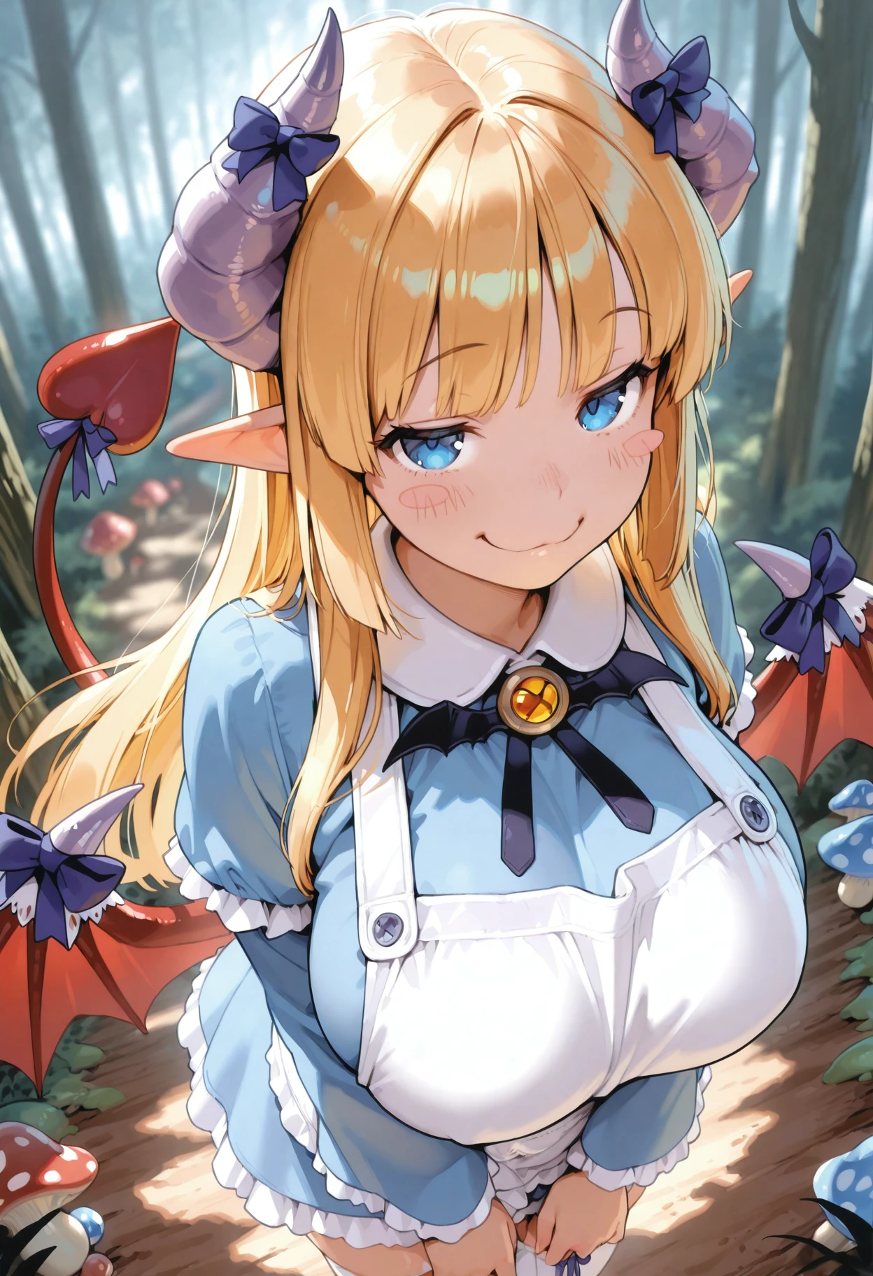 masterpiece, best quality, amazing quality, absurdres, perfect face,  20yo, contrast, soft lighting, curvy, large breasts, 1girl, depth of field,
alicemge, blonde hair, pointy ears, blue eyes, horn bow, long hair, tail bow, tail ribon, lace, frills, light purple horns, wing bow, segmented horns, demon tail, white thighhighs, wing ornament, demon girl, tail ornament, ribbon, zettai ryouiki, apron, mary janes, red tail, red wings, bat bowtie, demon wings, blue dress, low wings, blunt bangs,
blush stickers, smile, upper body, close-up, smug,
dynamic pose, dynamic angle, foreshortening, perspective, 
looking at viewer,  wonderland, forest, giant mushroom,  day, detailed background,
<lora:StS-Illustrious-Detail-Slider-v1.0:1> <lora:Dynamic lighting[IL]:0.6>  <lora:illustrious_quality_modifiers_masterpieces_v1:0.5>
 <lora:alicemge-000013:0.9>
