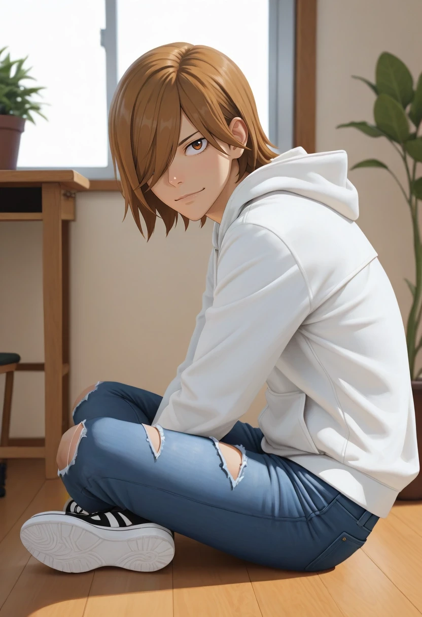 masterpiece, best quality, amazing quality, very aesthetic, high resolution, ultra-detailed, absurdres, newest, colorful, highest detailed, very awa, , (photorealistic:0.6), looking at viewer, sitting cross legged, serene expression, minimalist loft interior, casual hoodie, ripped jeans, soft daylight through window, side view, potted plants, hardwood floor reflections, warm ambient light, neat desk, stylish sneakers, relaxed atmosphere, detailed fabric texture, photorealistic rendering, 8k, shallow depth of field, natural color grading, 1boy, solo, male focus, <lora:hajime_aoyagi_ilxl:1>, hajime_aoyagi, brown hair, brown eyes, hair over one eye,