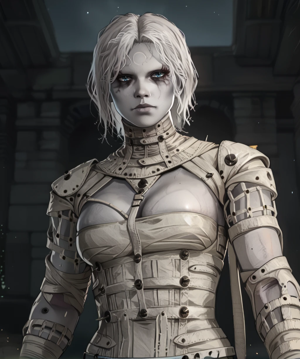 score_9, score_8_up, score_7_up, score_6_up, score_5_up, score_4_up,
laxasiaxl, white hair, blue eyes, facial mark, forehead mark, medium hair,
white , cleavage, from below, serious,
standing, upper body,
night, ruins,
looking at viewer, <lora:laxasiaTCXL-11v7:1>,