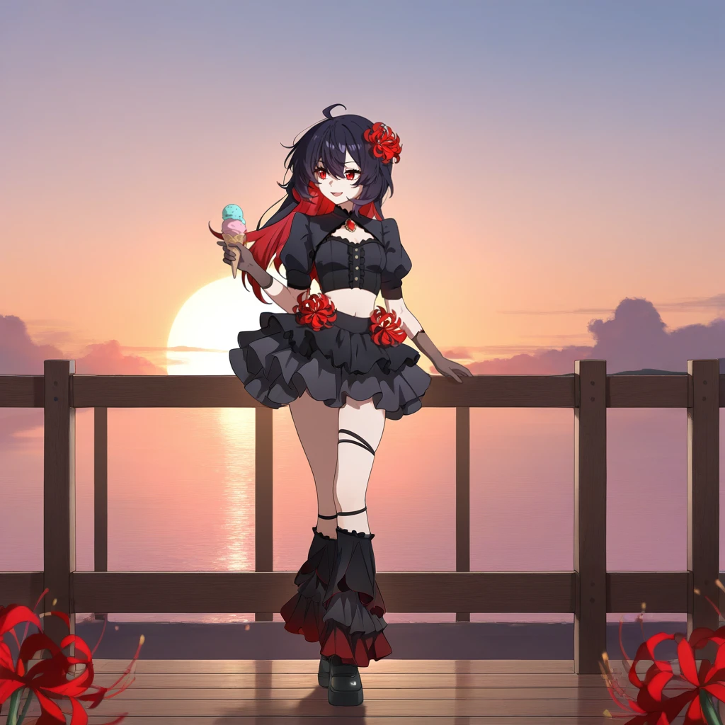 masterpiece, best quality, ultra-detailed, very aesthetic, detailed background, year 2023, very aesthetic, newest, scenery, highres, 4k, absurdres, 8k, colorful,vibrant, glowing, perfect face, 2d, perfect eyes, detailed eyes, 1girl, solo, sun, sky, evening, sunset, clouds, pier, wooden pier, wooden railing, standing, looking to side, open mouth, curious smile, raised eyebrow, full body, single bend knee, lean on railing, elbow on railing, holding ice cream, ice cream cone, frilled leg warmers, black leg warmers, gradient leg warmers, black leg strap, black shoes,
Hi3Pack09, Sum_Vel, seele vollerei, alter ego, dark persona, colored inner hair, long hair, black hair, red hair, ahoge, red eyes, crop top, buttons, frilled shirt, black shirt, spider lily, cleavage cutout, thigh strap, black shrug, shrug (clothing), puffy short sleeves, black sleeves, midriff, navel, frilled skirt, layered skirt, black skirt, brown gloves, gloves, red flower, hair flower, red gemstone,
masterpiece, best quality, ultra-detailed, very aesthetic, newest, scenery, absurdres, perfect anatomy, perfect legs, perfect face, perfect eyes, clear eyes, beautiful eyes, perfect feet,