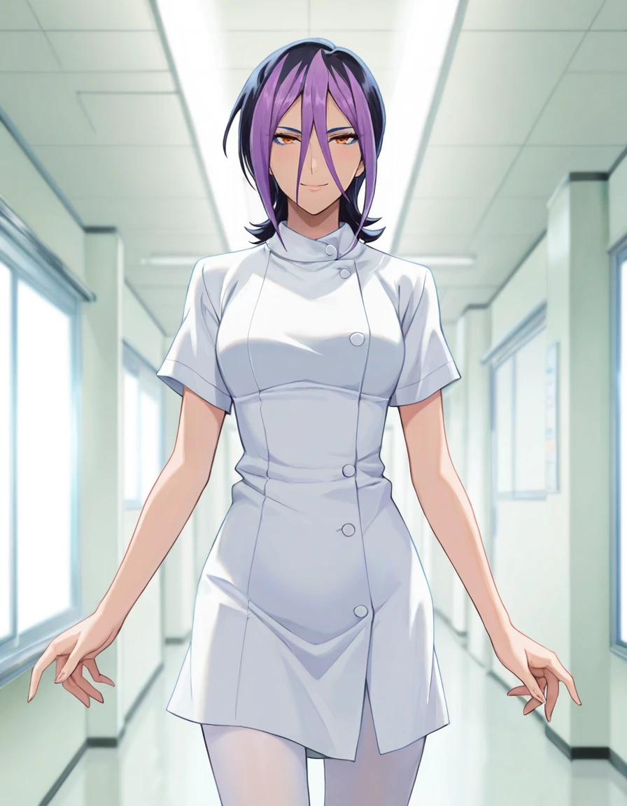 <lora:Droite_SDXL_IL_V1-000015:0.7>,d2o2t1,1girl,solo,short hair,black hair,purple hair,dyed bangs,hair between eyes,orange eyes,blue eyeshadow,white pantyhose,
looking_at_viewer,available light,outdoors,cowboy_shot,smile,indoors,nurse,hospital,, Best quality,masterpiece,soft light,official art,masterpiece,high quality,highres,absurdres,best quality,epic scene,natural textures,16k, masterpiece, absurdes, highly detailed, highres, high quality, best quality, score_9, score_8_up, score_7_up, source_anime, masterpiece, perfect face, perfect eyes,(extremely detailed face),Smooth Quality,