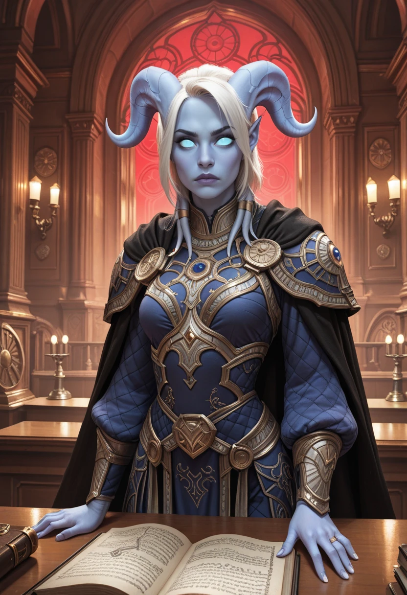 very awa, masterpiece, best quality, absurdres, newest, perfect quality, detailed background, intricate details
<lora:ILWoWYrel:1>
WoWYrel, 1girl, draenei, blue skin, no pupils, blue horns, blue eyes, pointy ears, looking at viewer, judge robe, serious expression, big nose, long sleeves, silver embroidery, ornate glasses, holding law book, crimson sky, deco city, fantasy, high courtroom, masterwork, masterpiece, best quality, complex lighting, spotlight effect, art deco frame, golden details, hyperdetailed, strong saturation, depth