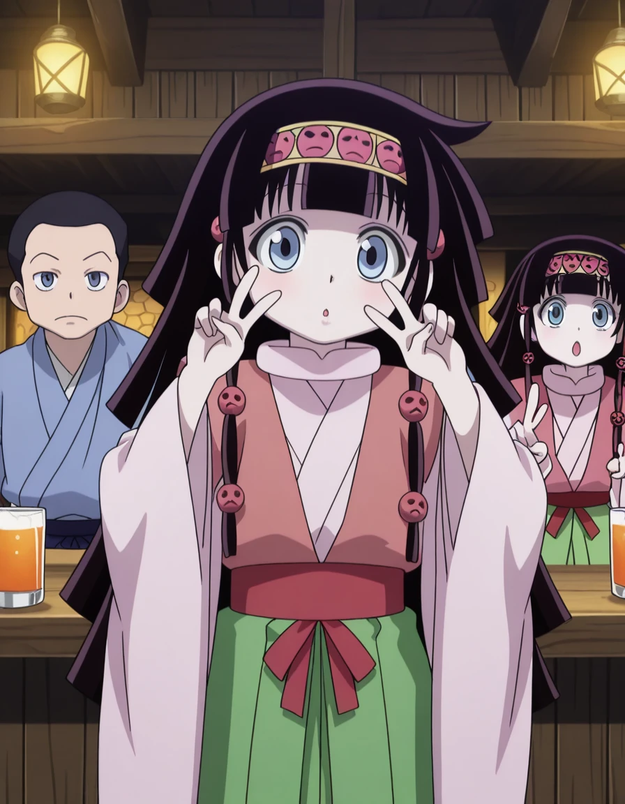 masterpiece, best quality, amazing quality,, <lora:hxh-alluka-anime-illustriousxl-lora-nochekaiser:1>, hxh alluka, long hair, blue eyes, black hair, hair ornament, hairband, blunt bangs, anime screencap,, long sleeves, japanese clothes, wide sleeves, kimono, sash, hakama, green hakama, multicolored clothes, v, v over eyes,, tavern, drinks, rustic, friends, old, cowboy shot, solo, looking at viewer,