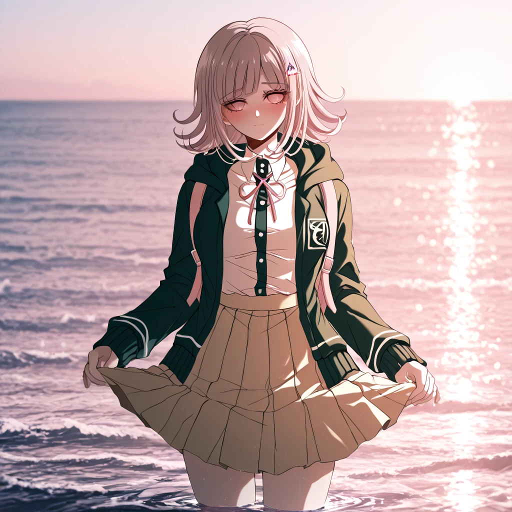 masterpiece, best quality, absurdres,  <lora:emjjunkarstyle:1>,emjjunkarstyle, score_7_up, score_9, score_8_up, score_7_up, BREAK, <lora:Ccdanganart_Pony_style_and_Danganronpa_booster_plus_10th:1>,ccdanganart, BREAK, by criis-chan, BREAK, by komatsuzaki_rui_(style) , BREAK, This is an anime screencap from Danganronpa 3. , danganronpa_(series), danganronpa_2:_goodbye_despair, nanami_chiaki, photo-referenced, 1girl, backpack, bag, blunt_bangs, blush, brown_skirt, closed_mouth, collared_shirt, flipped_hair, hair_ornament, hood, hood_down, jacket, long_sleeves, medium_hair, neck_ribbon, ocean, open_clothes, open_jacket, outdoors, pink_eyes, pink_ribbon, pleated_skirt, ribbon, shirt, shirt_tucked_in, skirt, skirt_hold, solo, two-tone_shirt, wading, water, white_shirt