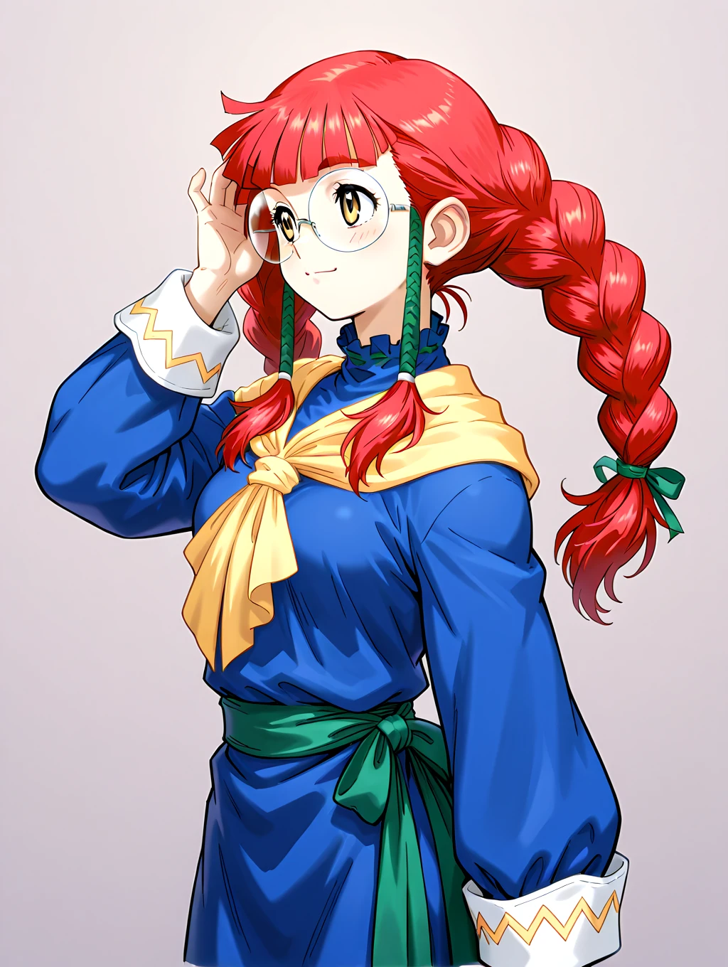 <lora:IL-D2Catherine:1>,d2catherine,1girl,solo,glasses,braid,twin braids,red hair,round eyewear,twintails,yellow eyes,long hair,blue robe,white cuffs,green belt,yellow scarf,