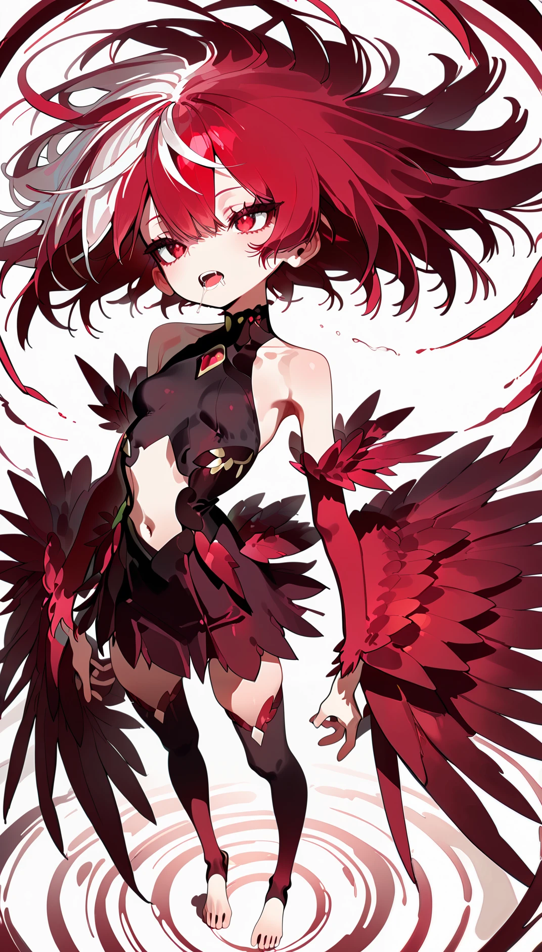 masterpiece, best quality, amazing quality, very aesthetic, absurdres,  newest, scenery,
, saliva drip, Standing straight with hands at sides, full body, from above, , pyronix, 1girl,navel cutout ,red eyes,red hair,multicolored hair,wings,
two-tone hair,white hair,red wings,bare shoulders,feathered wings,small ,
detached sleeves,barefoot,thighhighs,toeless legwear,Zettai Ryouiki,  
white background, smiple background,, animated, dynamic angle, close-up,portrait, fisheye lens, detailed face,colorful, close-up, masterpiece, best quality, amazing quality, very aesthetic, absurdres, newest, scenery, volumetric lighting