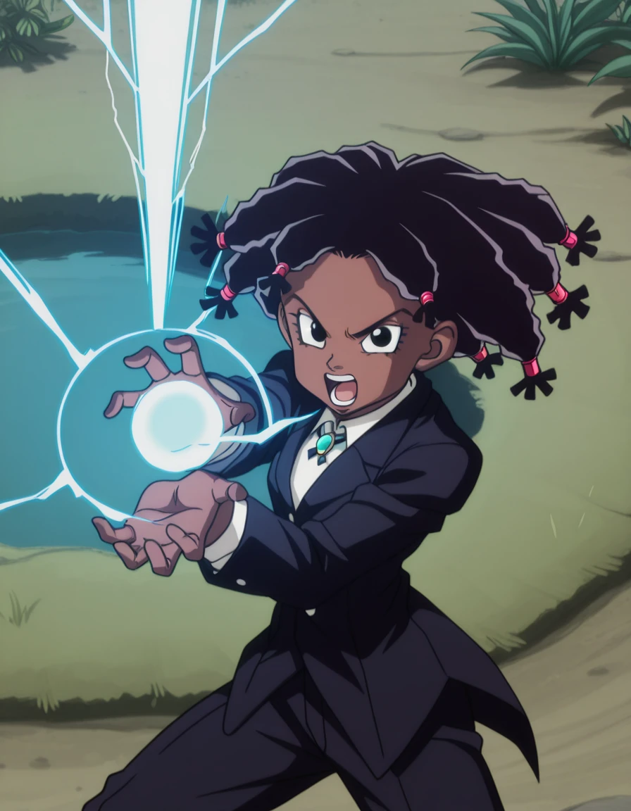 masterpiece, best quality, amazing quality,, <lora:hxh-canary-anime-illustriousxl-lora-nochekaiser:1>, hxh canary, black hair, dark skin, black eyes, dark-skinned female, dreadlocks, anime screencap,, jewelry, pants, formal, suit,, <lora:kamehameha-illustriousxl-lora-nochekaiser:1>, kamehameha, kamehameha (dragon ball), open mouth, incoming attack, torn clothes, shouting, energy, energy beam, energy ball, from side, electricity,, pond, still_water, plants, ducks, peaceful, cowboy shot, solo, looking at viewer,