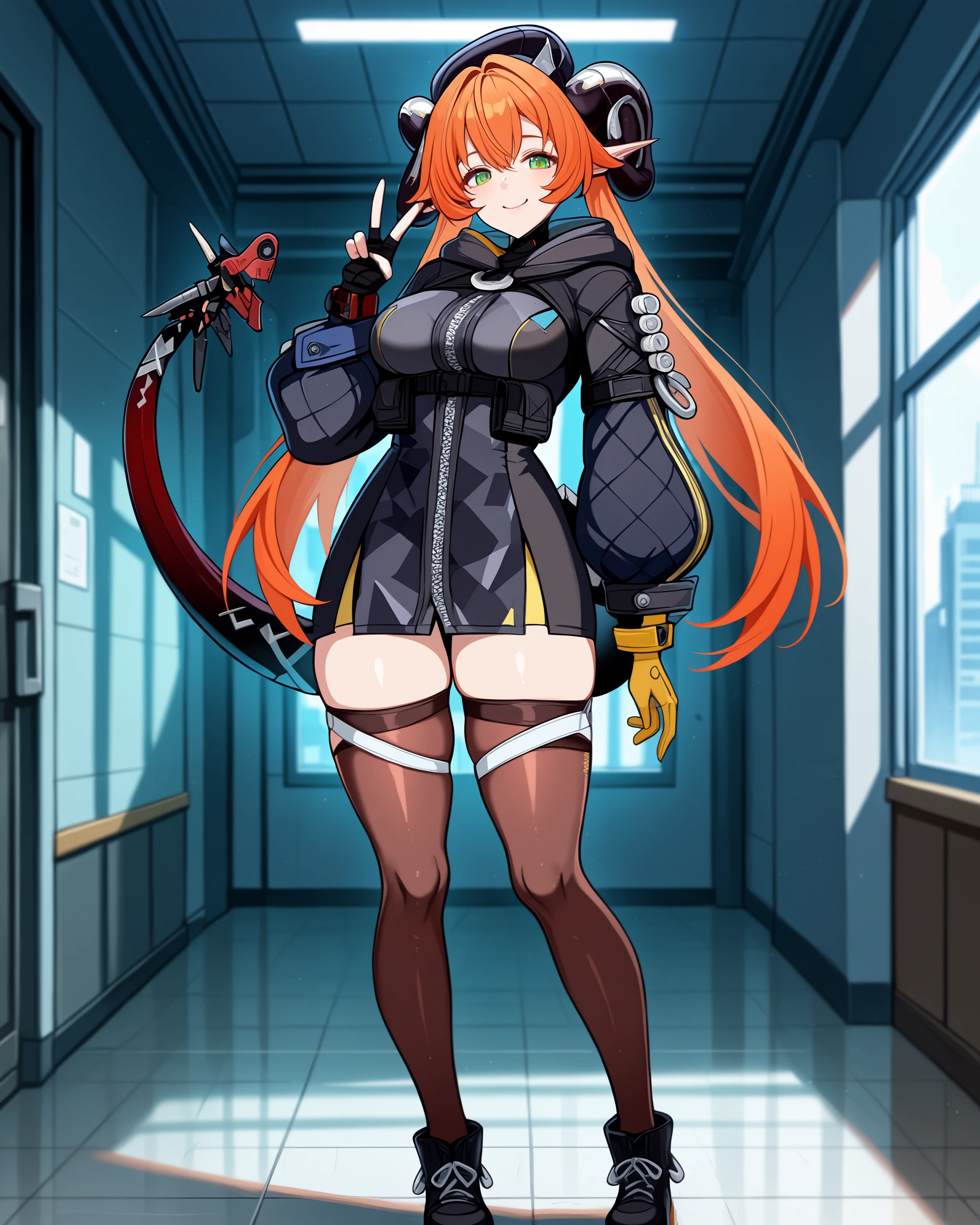 masterpiece, best quality, amazing quality, aesthetic, absurdres, best quality, 4k, upscale, indoors, v, dynamic pose, orpheuszzz, 1girl, solo, thighhighs, gloves, long hair, orange hair, hood, black footwear, looking at viewer, brown thighhighs, standing, breasts, fingerless gloves, horns, smile, long sleeves, bangs, hood up, black gloves, hair between eyes, closed mouth, pointy ears, yellow gloves, black gloves, hat, long hair, twintails, bangs, green eyes, mechanical tail <lora:Orpheus_IL_v3:1>