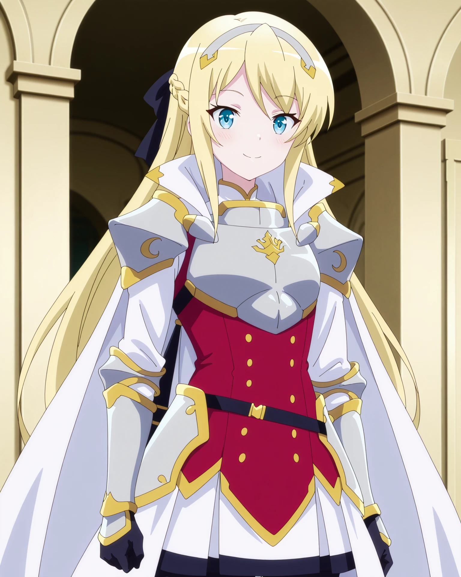 4k, ultra-detailed, absurdres, high resolution, beautiful lighting, cinematic composition, sharp focus, newest, (masterpiece:1.3), (best quality:1.3), (anime screencap:1.5),
highly detailed shading, soft shading, glossy skin, realistic proportions, petite, small stature, smiling,
cowboy shot,
front view, standing,
indoor lounge, soft lighting, blurred background,
<lora:susamix010-pony:0.6> (anime coloring), <lora:Hildegard_Minas_Lestia__Isekai_Smartphone:1> hildegardminaslestia, armor, blonde hair
<lora:AddMicroDetails_Illustrious:0.3> addmicrodetails