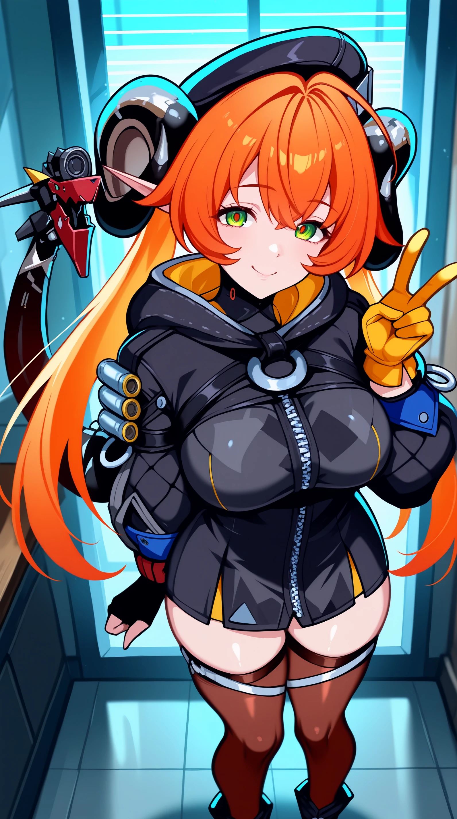masterpiece, best quality, amazing quality, aesthetic, absurdres, best quality, 4k, upscale, indoors, v, dynamic pose, orpheuszzz, 1girl, solo, thighhighs, gloves, long hair, orange hair, hood, black footwear, looking at viewer, brown thighhighs, standing, breasts, fingerless gloves, horns, smile, long sleeves, bangs, hood up, black gloves, hair between eyes, closed mouth, pointy ears, yellow gloves, black gloves, hat, long hair, twintails, bangs, green eyes, mechanical tail <lora:Orpheus_IL_v3:1>